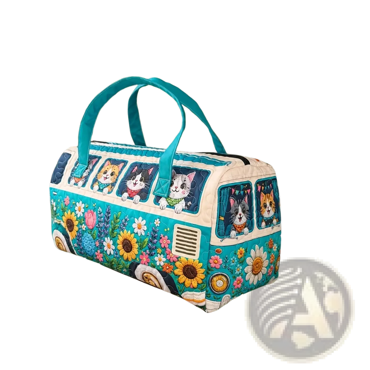 A vibrant turquoise and white quilted travel duffel bag shaped like a vintage van with cartoon cats and floral patterns