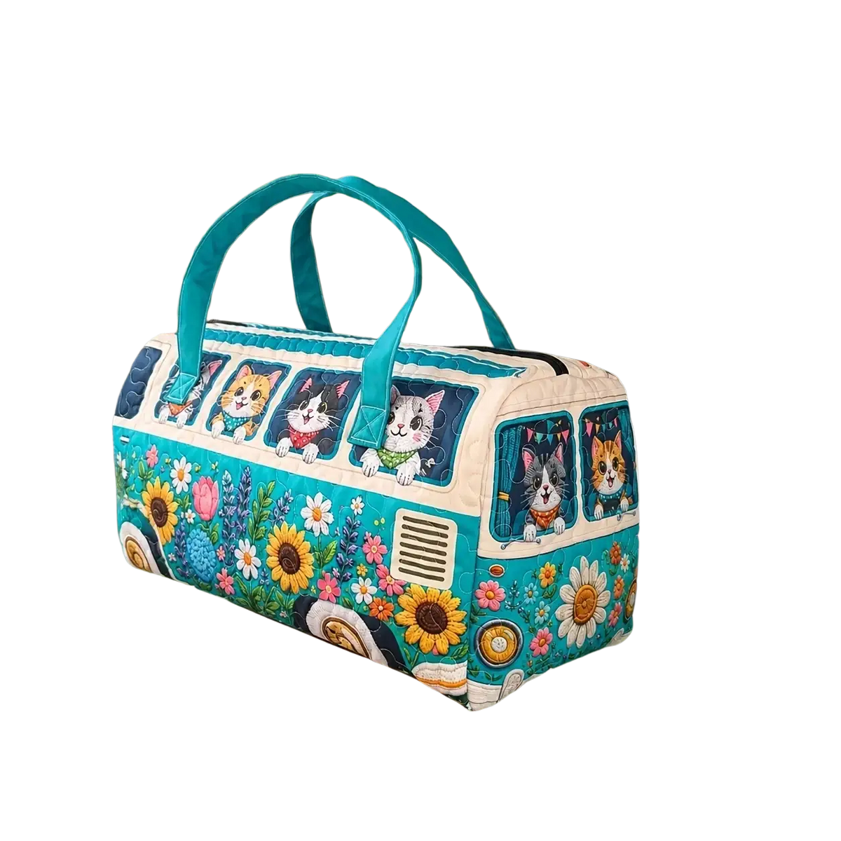 A vibrant turquoise and white quilted travel duffel bag shaped like a vintage van with cartoon cats and floral patterns