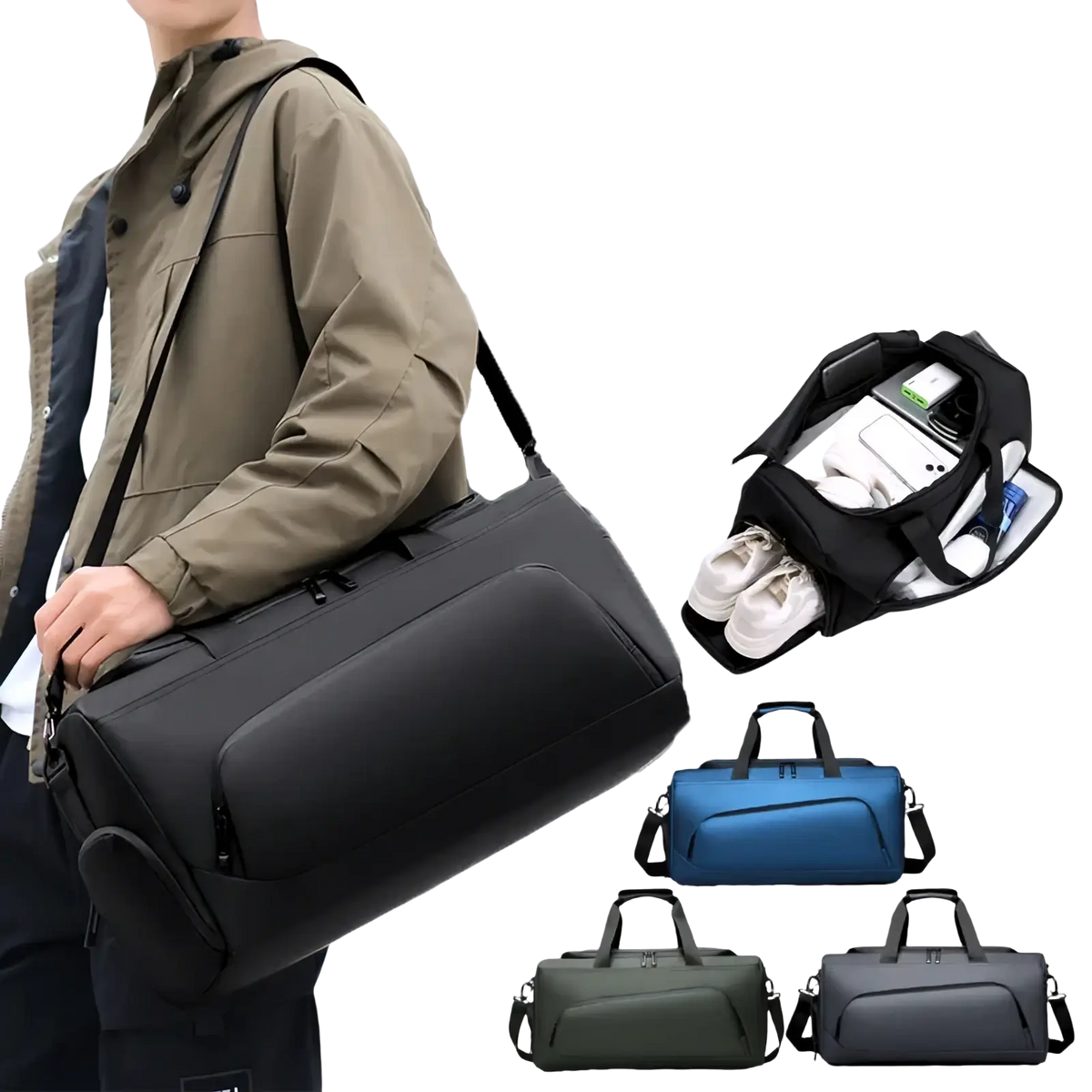 Black large capacity travel duffel bag with shoe compartment multiple zippers shoulder strap shown in blue olive green and gray