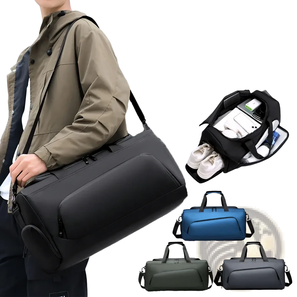 Black large capacity travel duffel bag with shoe compartment multiple zippers shoulder strap shown in blue olive green and gray