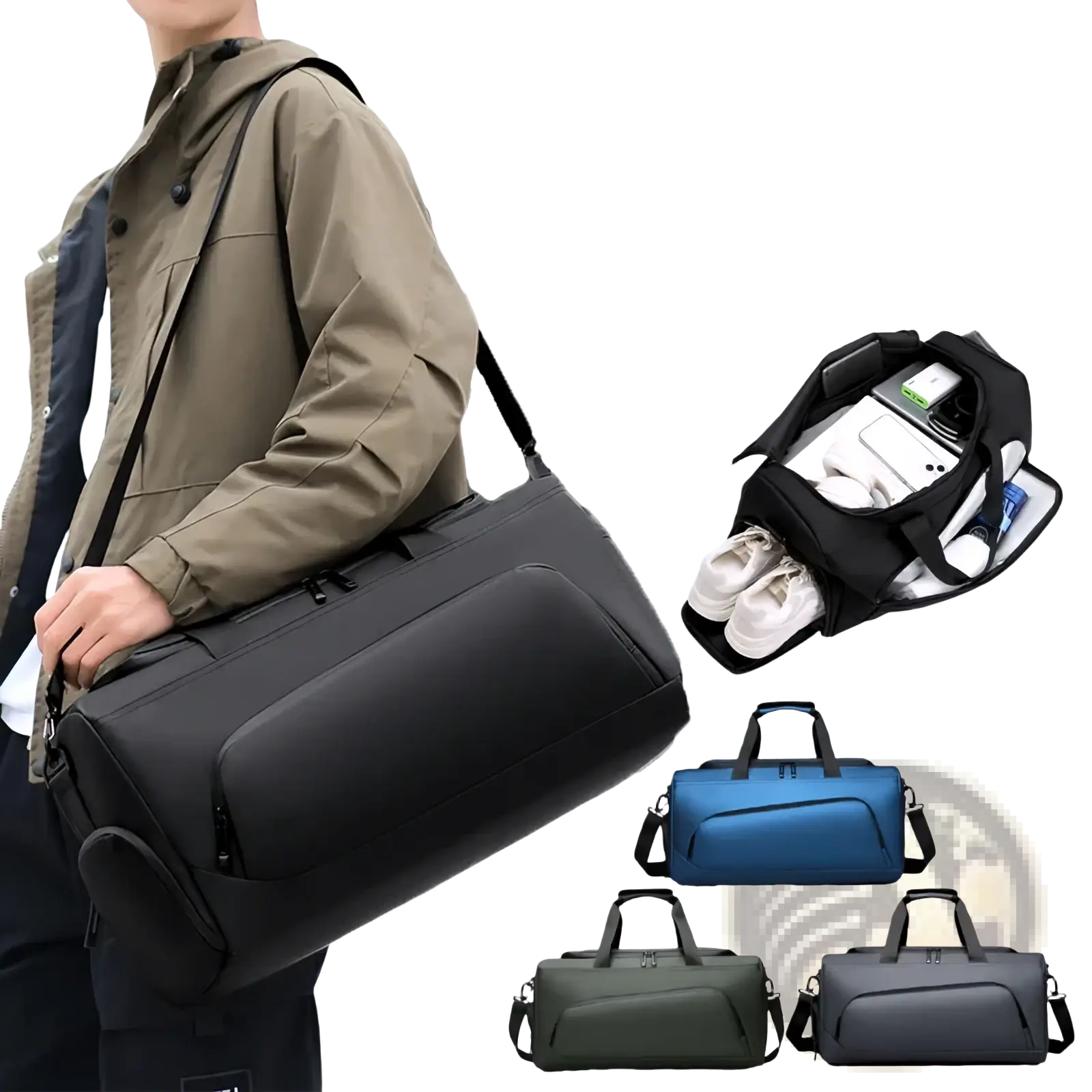 Black large capacity travel duffel bag with shoe compartment multiple zippers shoulder strap shown in blue olive green and gray