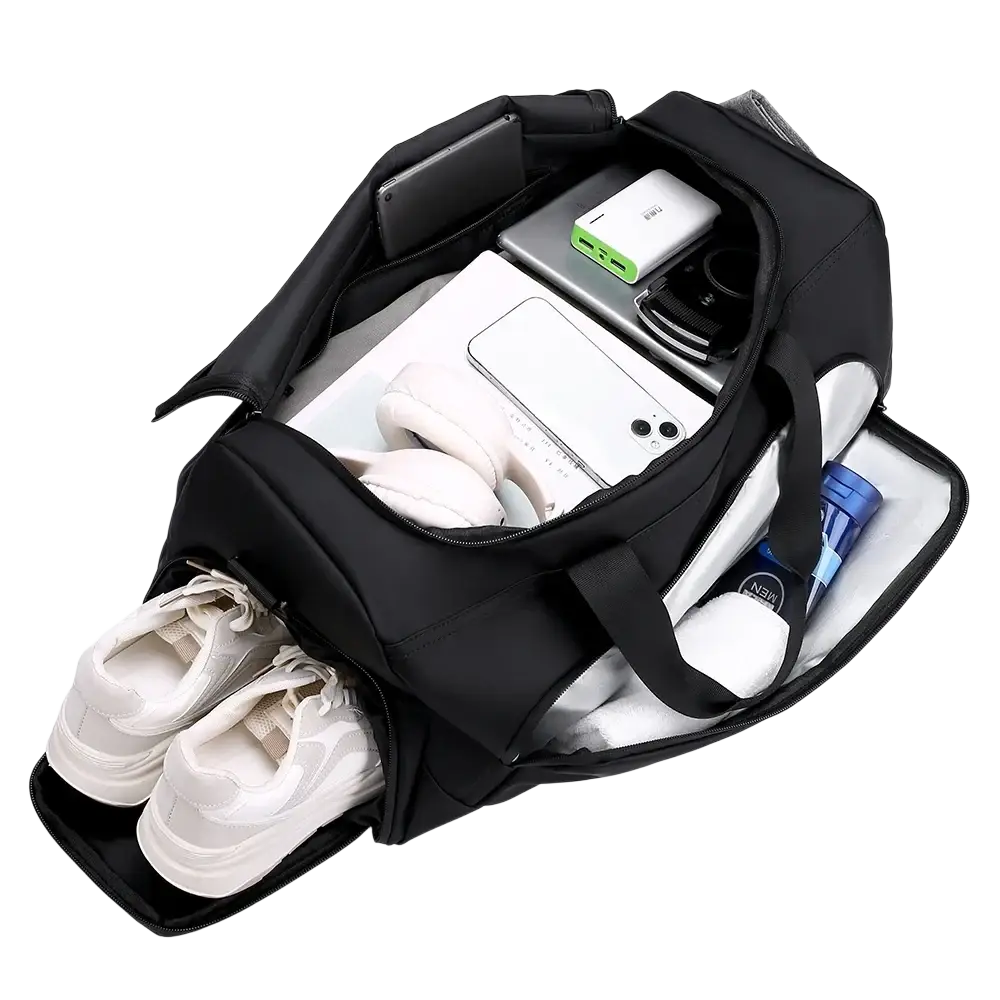 Black nylon travel duffel bag with multiple compartments padded handles and dedicated shoe compartment for gym use