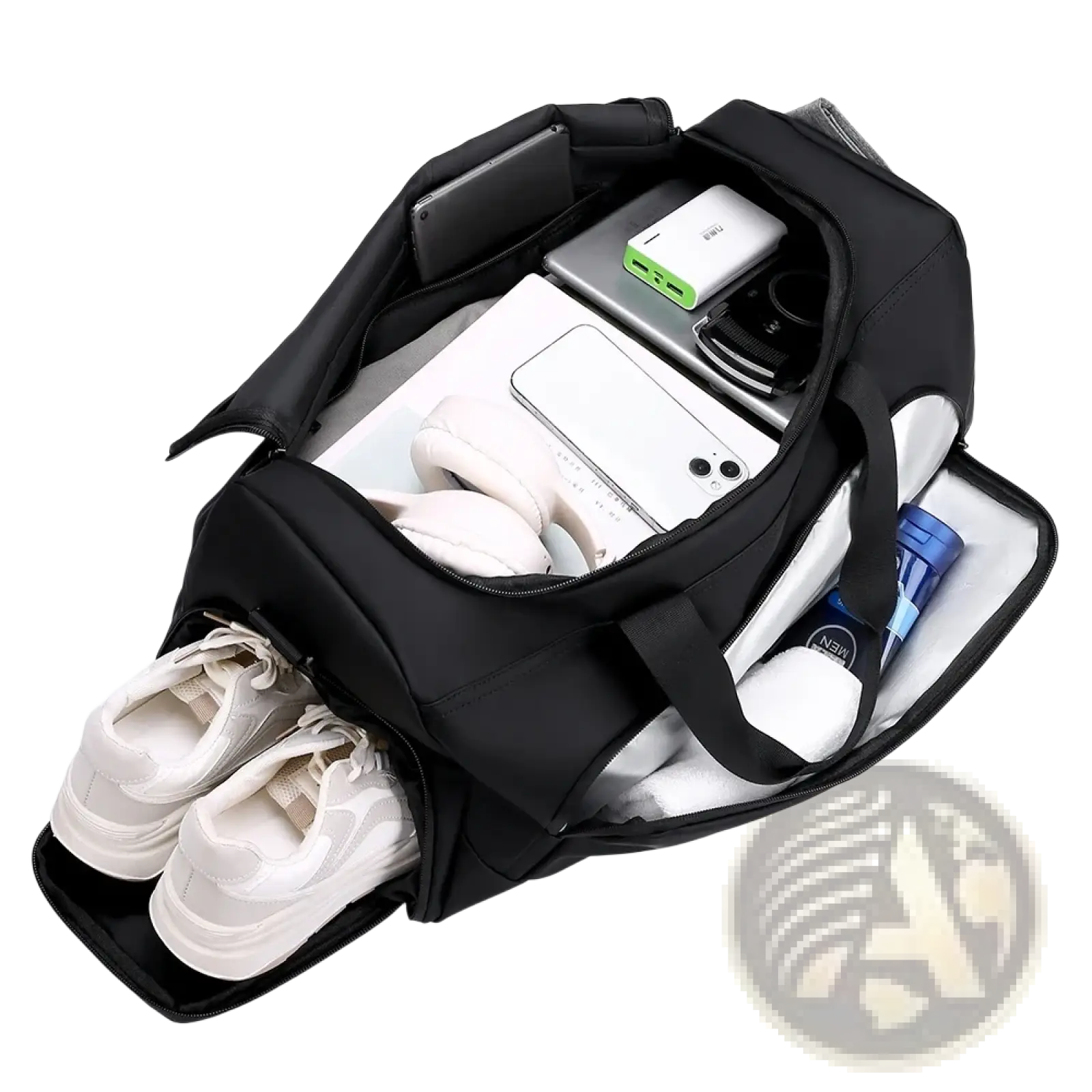 Black nylon travel duffel bag with multiple compartments padded handles and dedicated shoe compartment for gym use