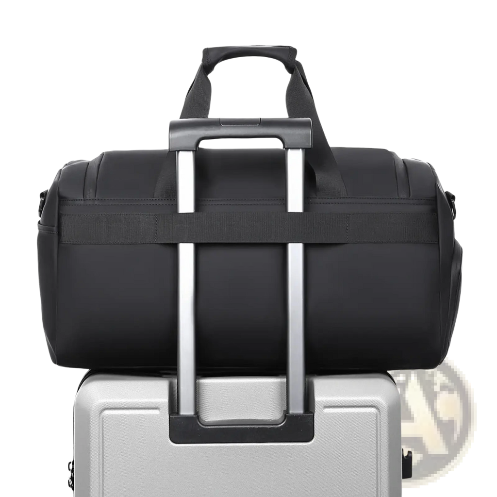 Black travel duffel bag with retractable handle sturdy fabric and shoe compartment for organized packing