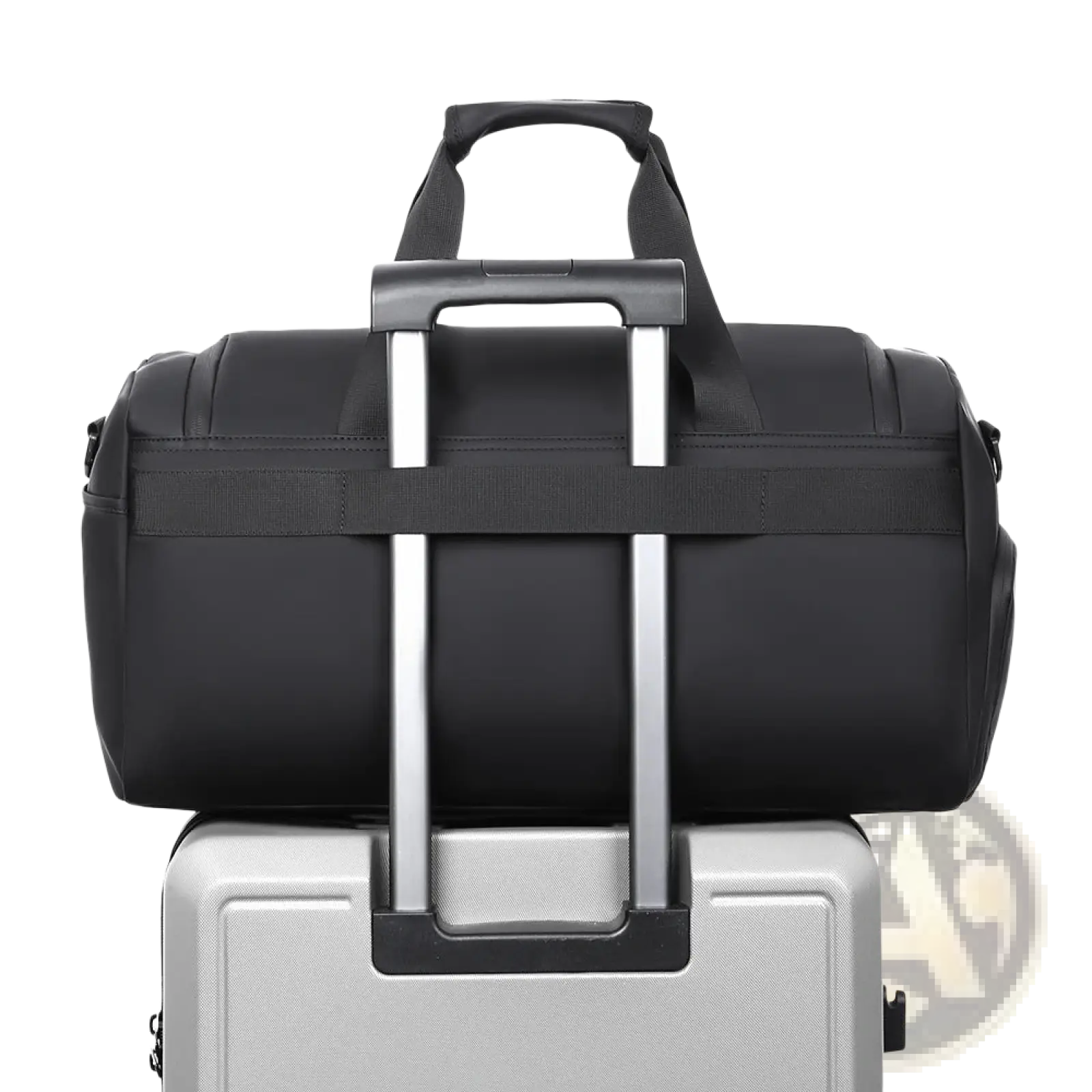 Black travel duffel bag with retractable handle sturdy fabric and shoe compartment for organized packing