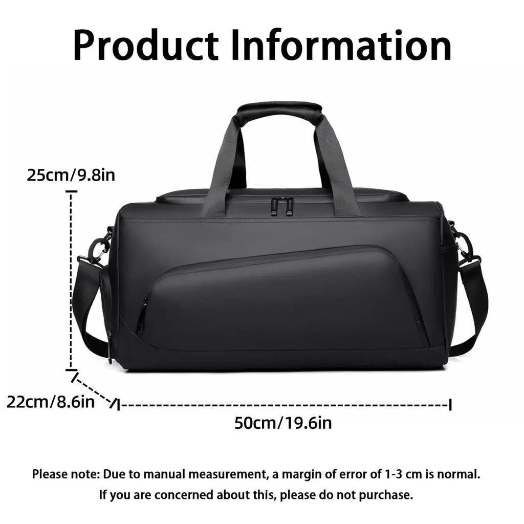 Black sport travel duffel bag with shoe compartment featuring dual top handles and adjustable shoulder strap