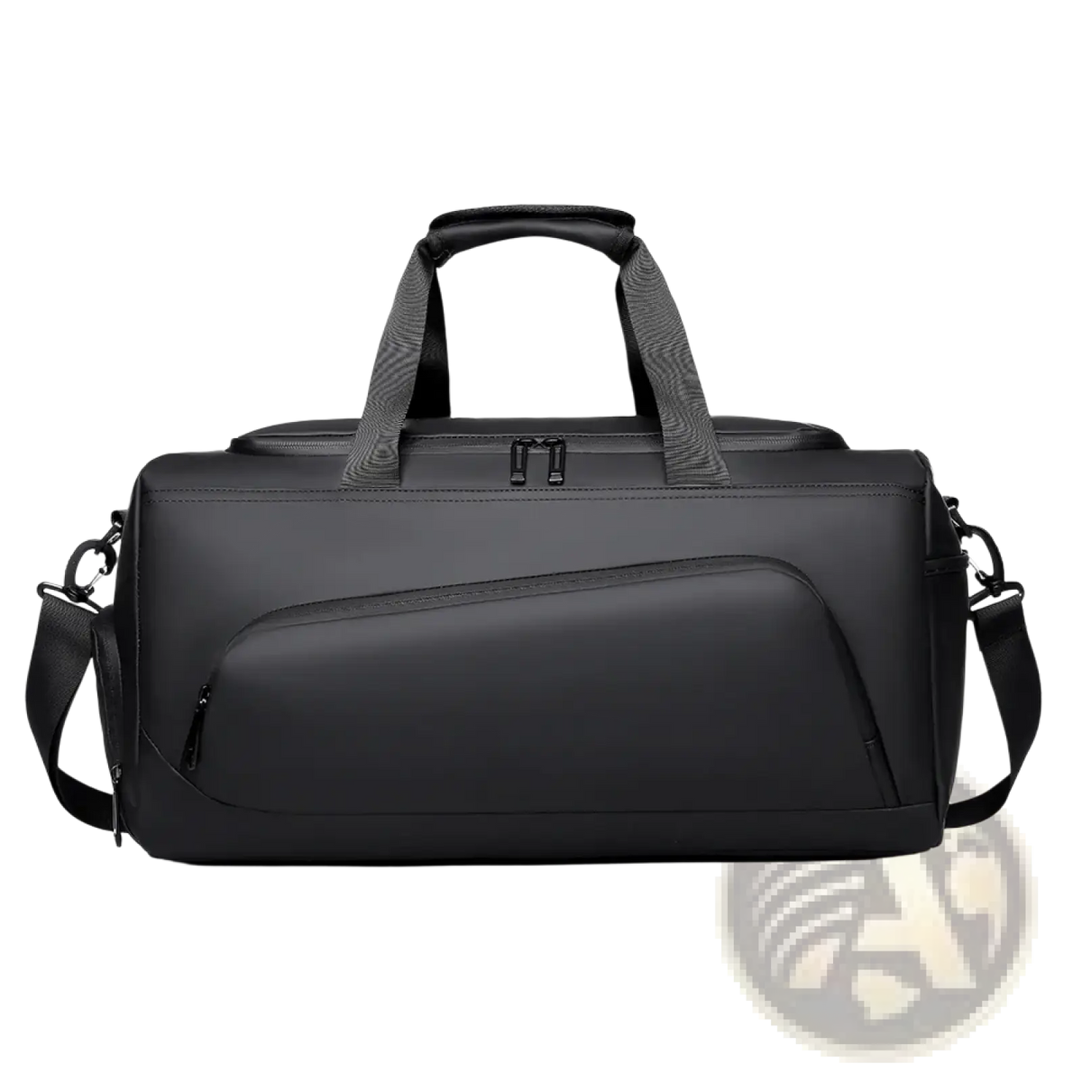 Black travel duffel bag with textured fabric, reinforced handles, and shoe compartment for organized packing