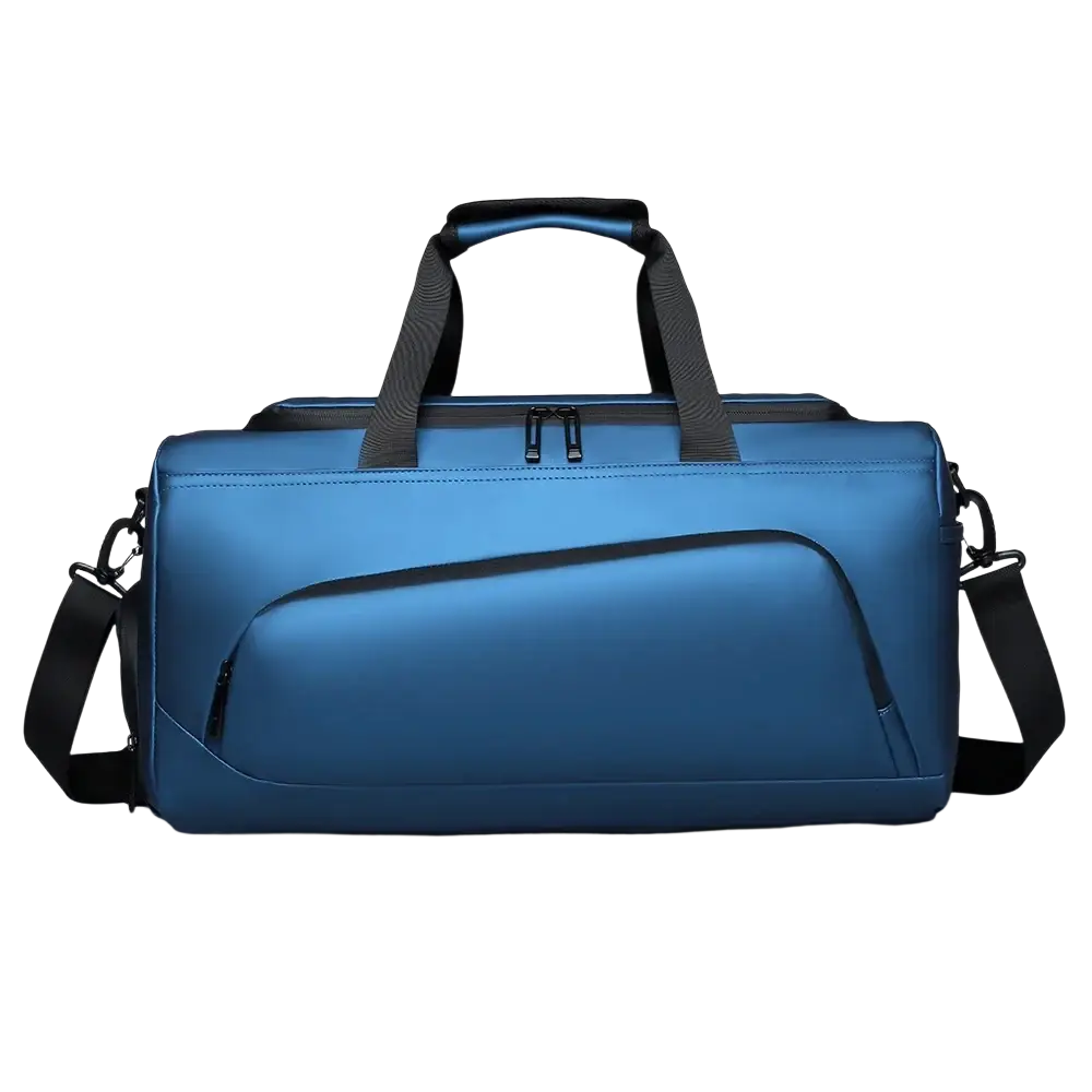 Blue sport travel duffel bag with black handles shoulder strap and shoe compartment for convenient packing