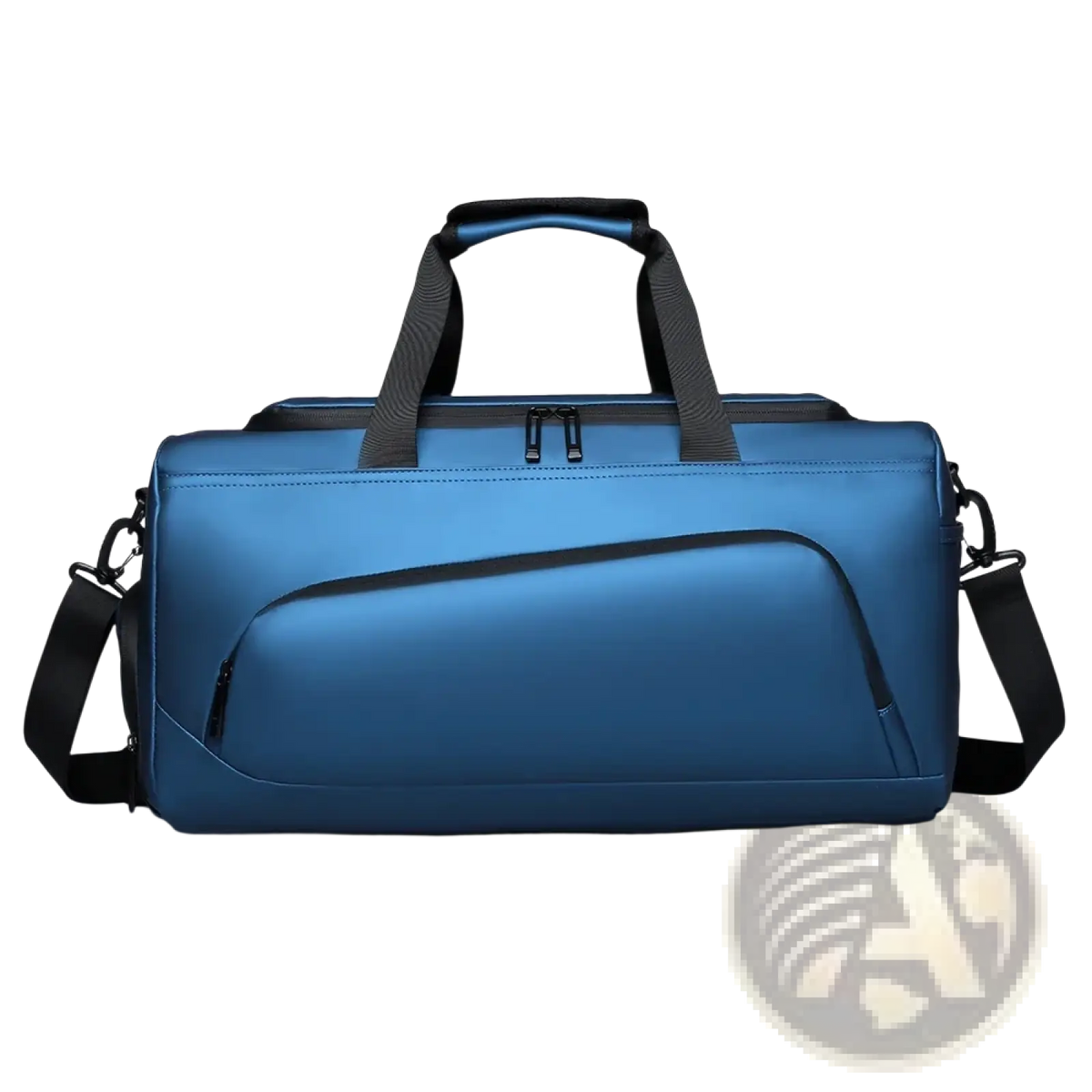 Blue sport travel duffel bag with black handles shoulder strap and shoe compartment for convenient packing