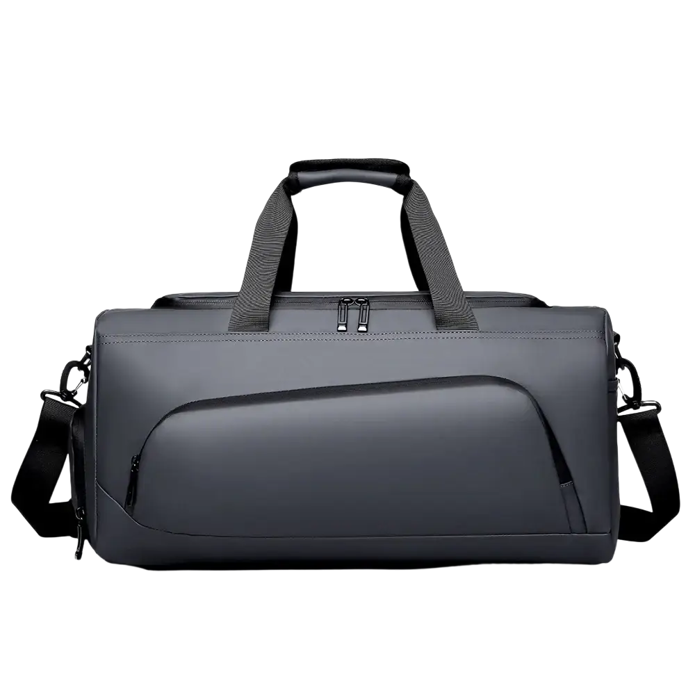 Dark gray sport duffel bag with black handles and shoulder strap featuring shoe compartment for travel use