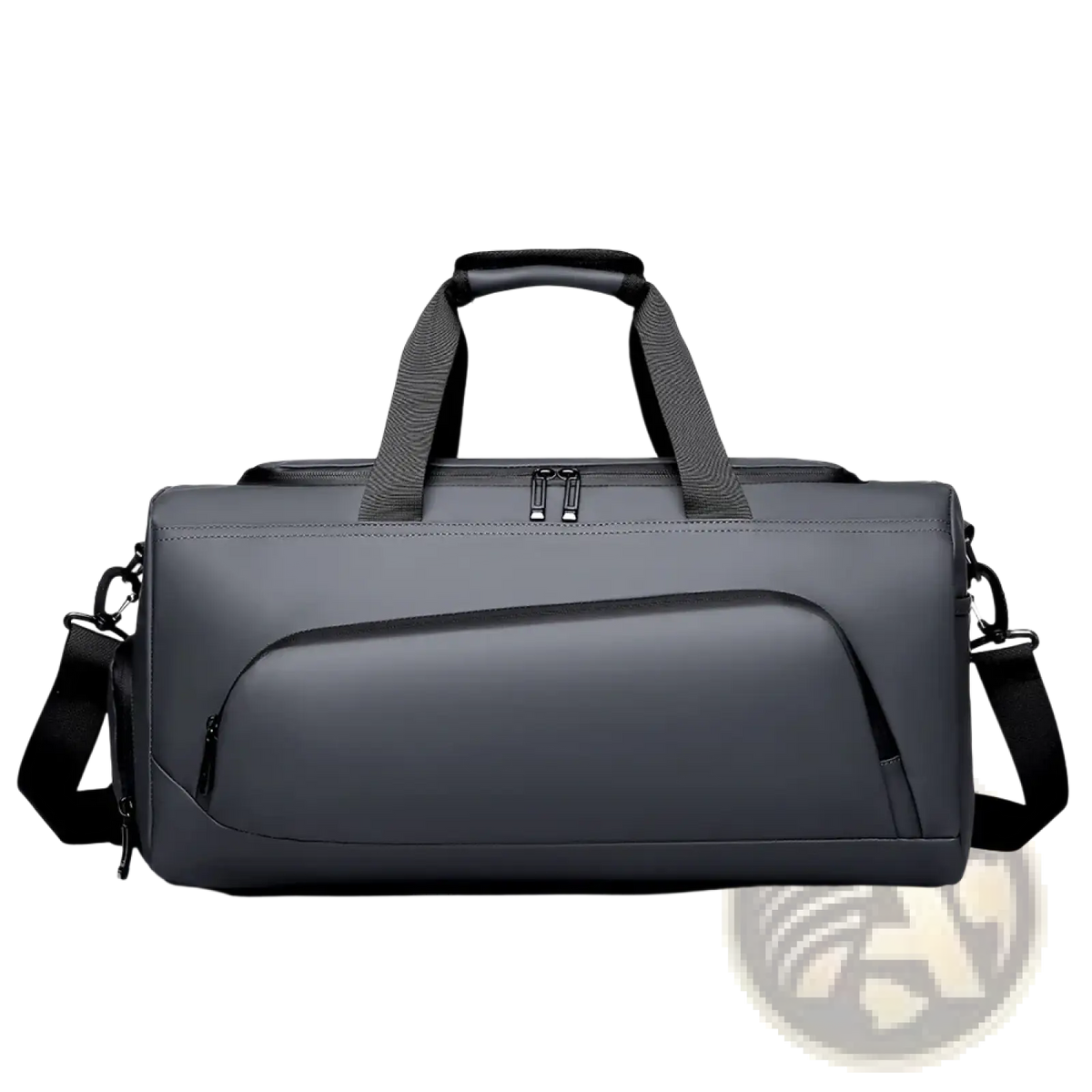 Dark gray sport duffel bag with black handles and shoulder strap featuring shoe compartment for travel use