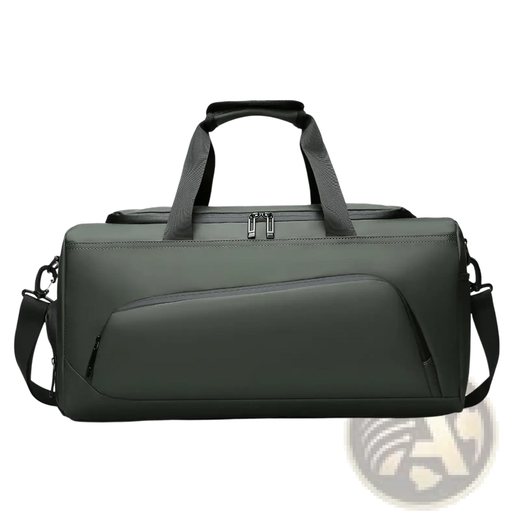 Dark green durable fabric travel duffel bag with shoe compartment black handles and shoulder strap