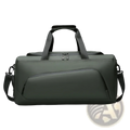Dark green durable fabric travel duffel bag with shoe compartment black handles and shoulder strap