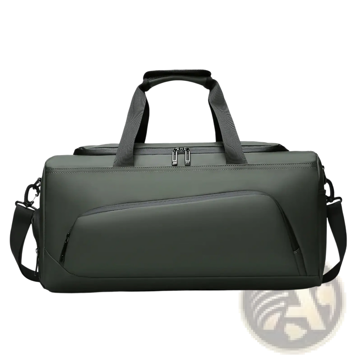 Dark green durable fabric travel duffel bag with shoe compartment black handles and shoulder strap