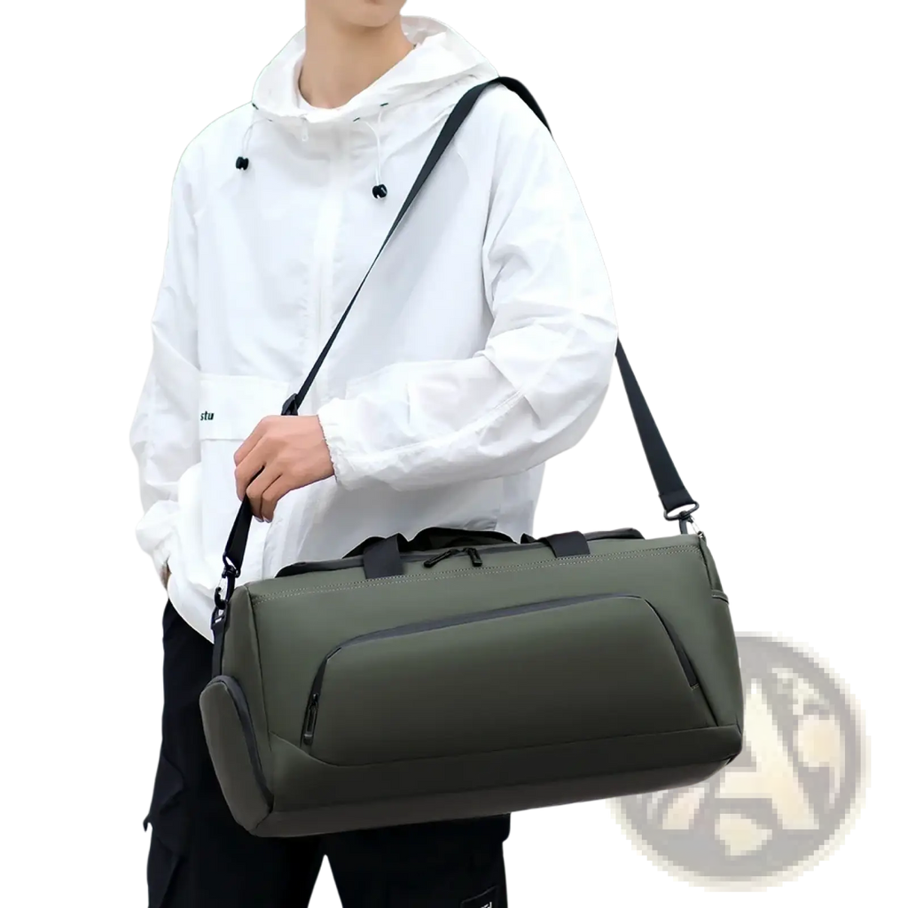 Olive green travel duffel bag with black straps zippers and shoe compartment for organized packing