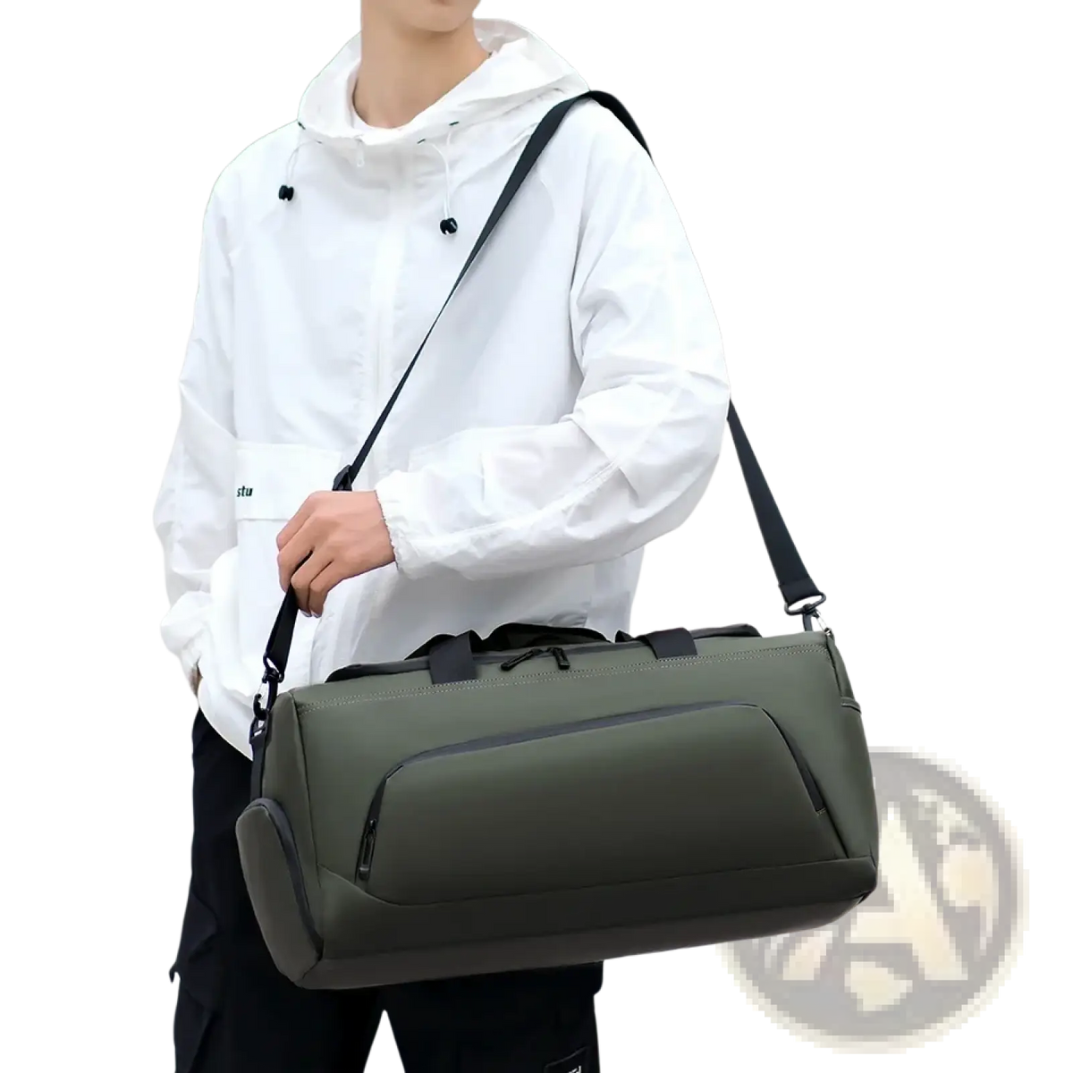 Olive green travel duffel bag with black straps zippers and shoe compartment for organized packing