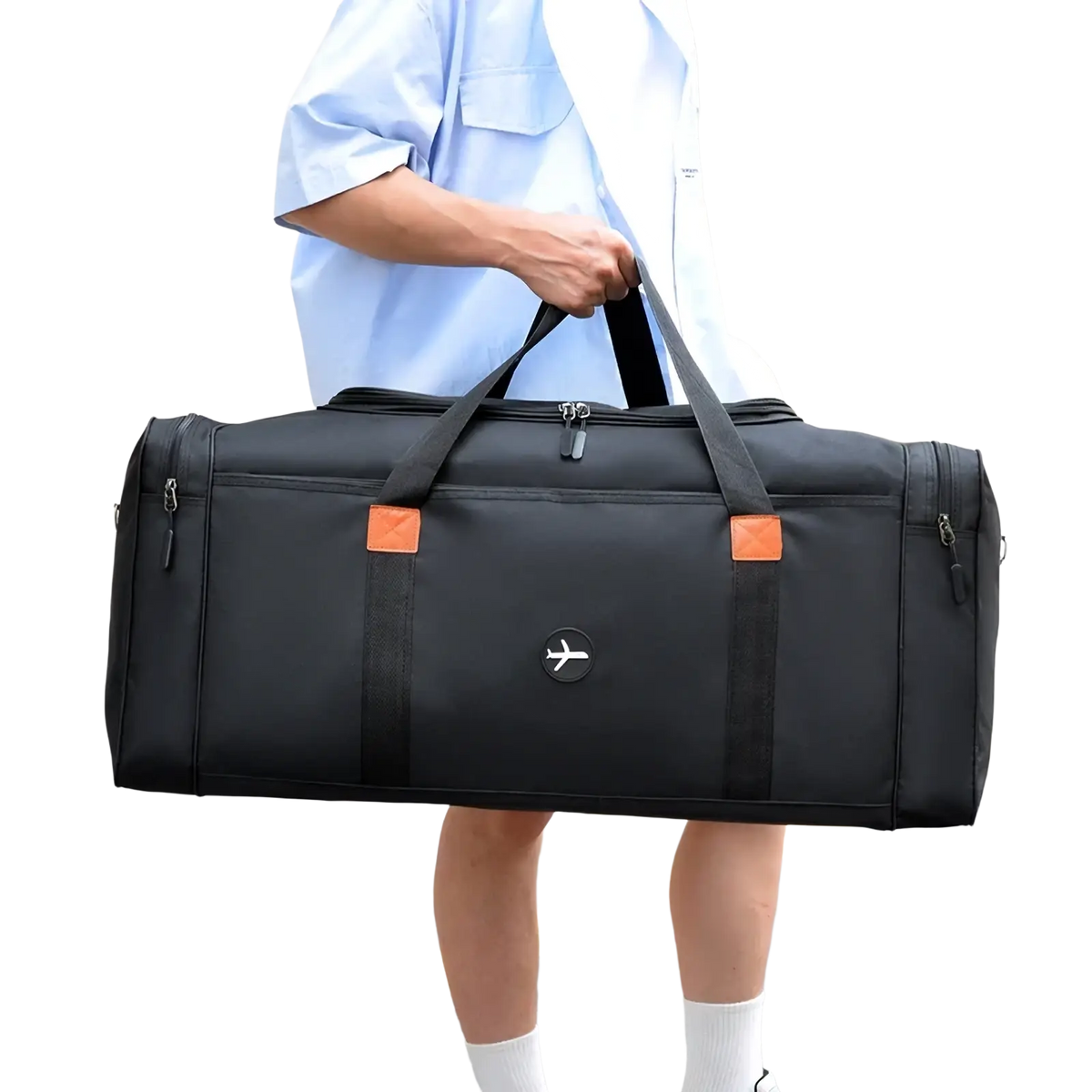 Black travel duffel bag with orange accent patches and circular airplane logo for sports luggage crossbody use