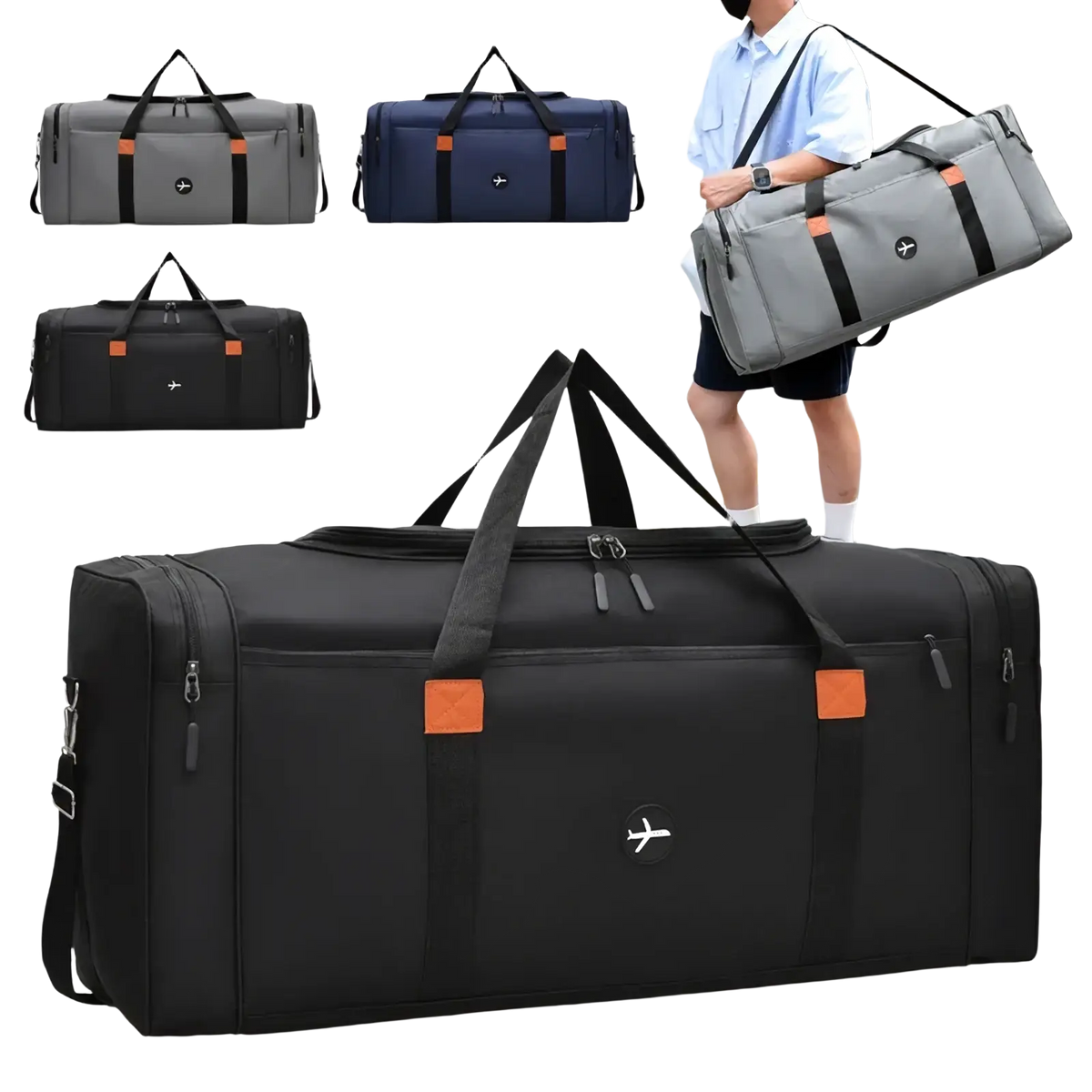 Black travel duffel bag with orange accent patches and white airplane logo for sports and crossbody use
