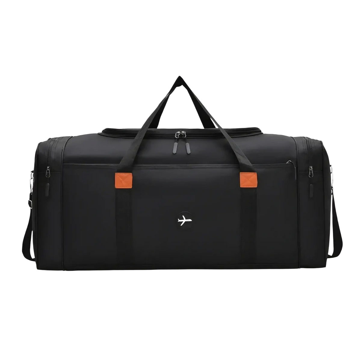 Black nylon travel duffel bag with orange accent patches and white airplane logo for sports luggage crossbody use