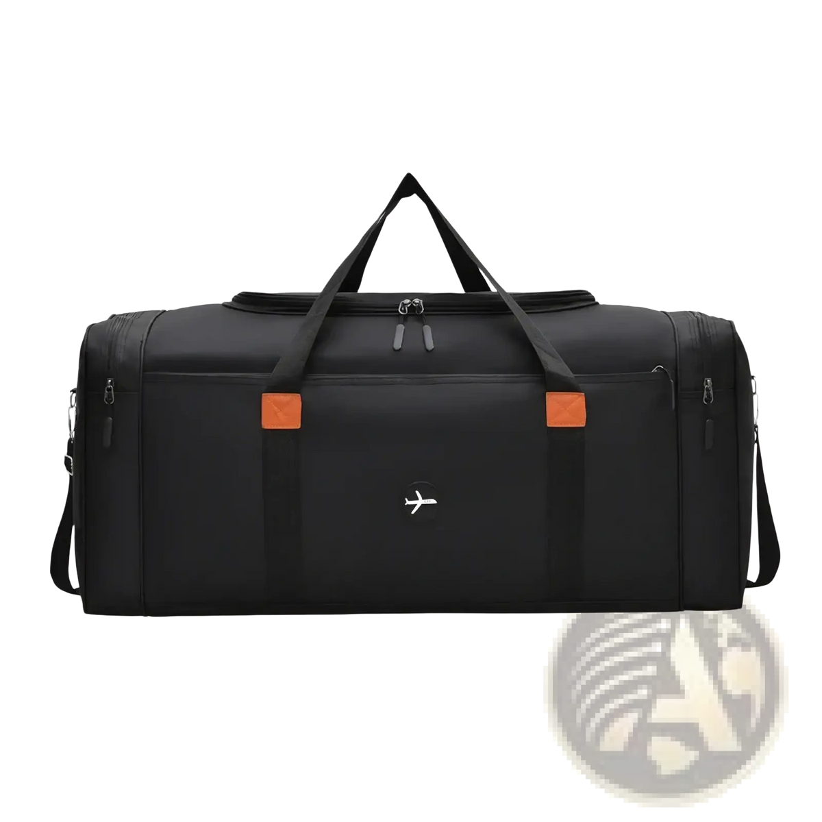 Black nylon travel duffel bag with orange accent patches and white airplane logo for sports luggage crossbody use