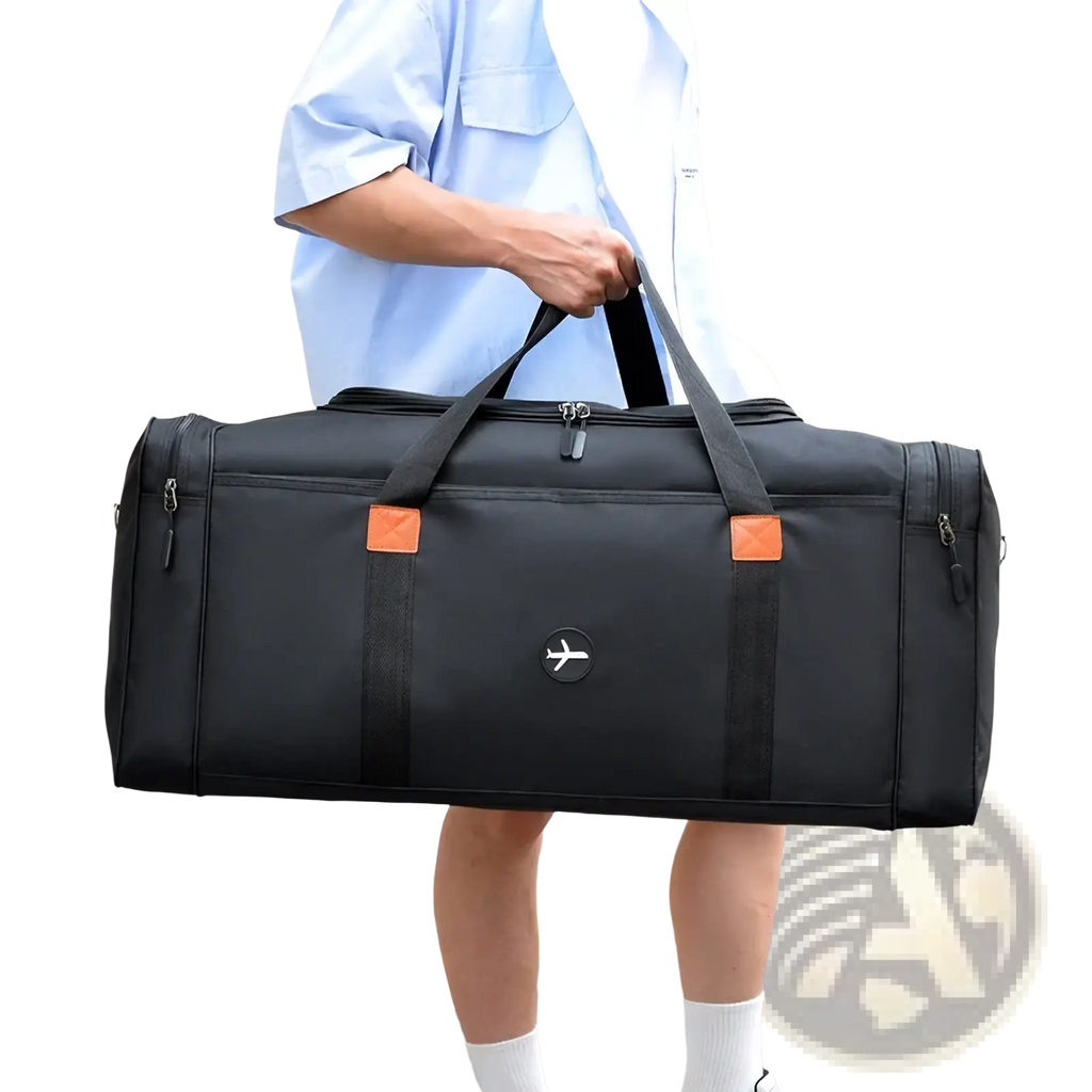 Black travel duffel bag with orange accent patches and circular airplane logo for sports luggage crossbody use