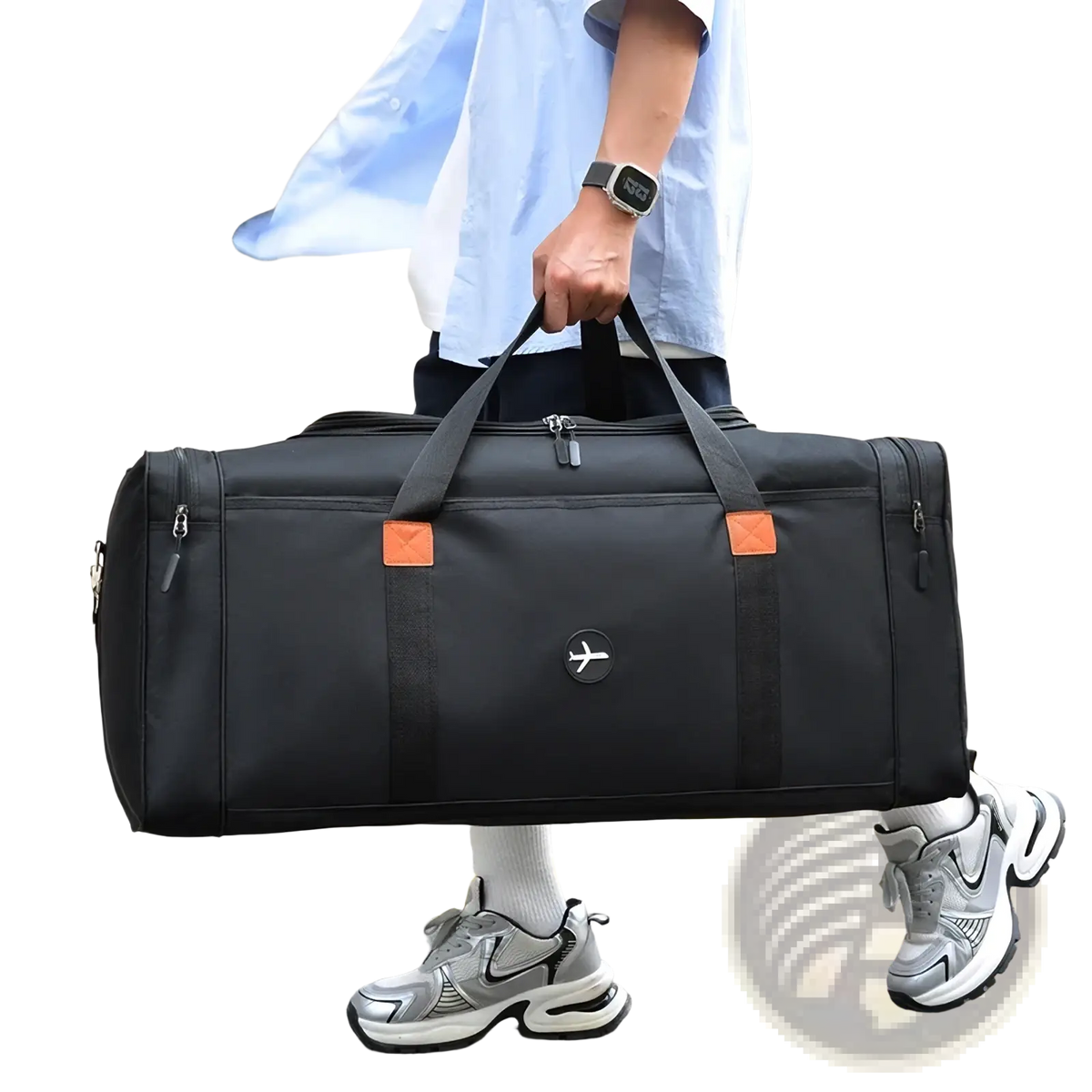Black travel duffel bag with orange accent patches, circular logo, sturdy handles, and multiple zippers for sports luggage crossbody use