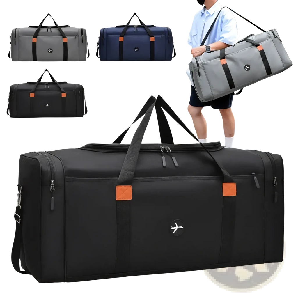 Black travel duffel bag with orange accent patches and white airplane logo for sports and crossbody use