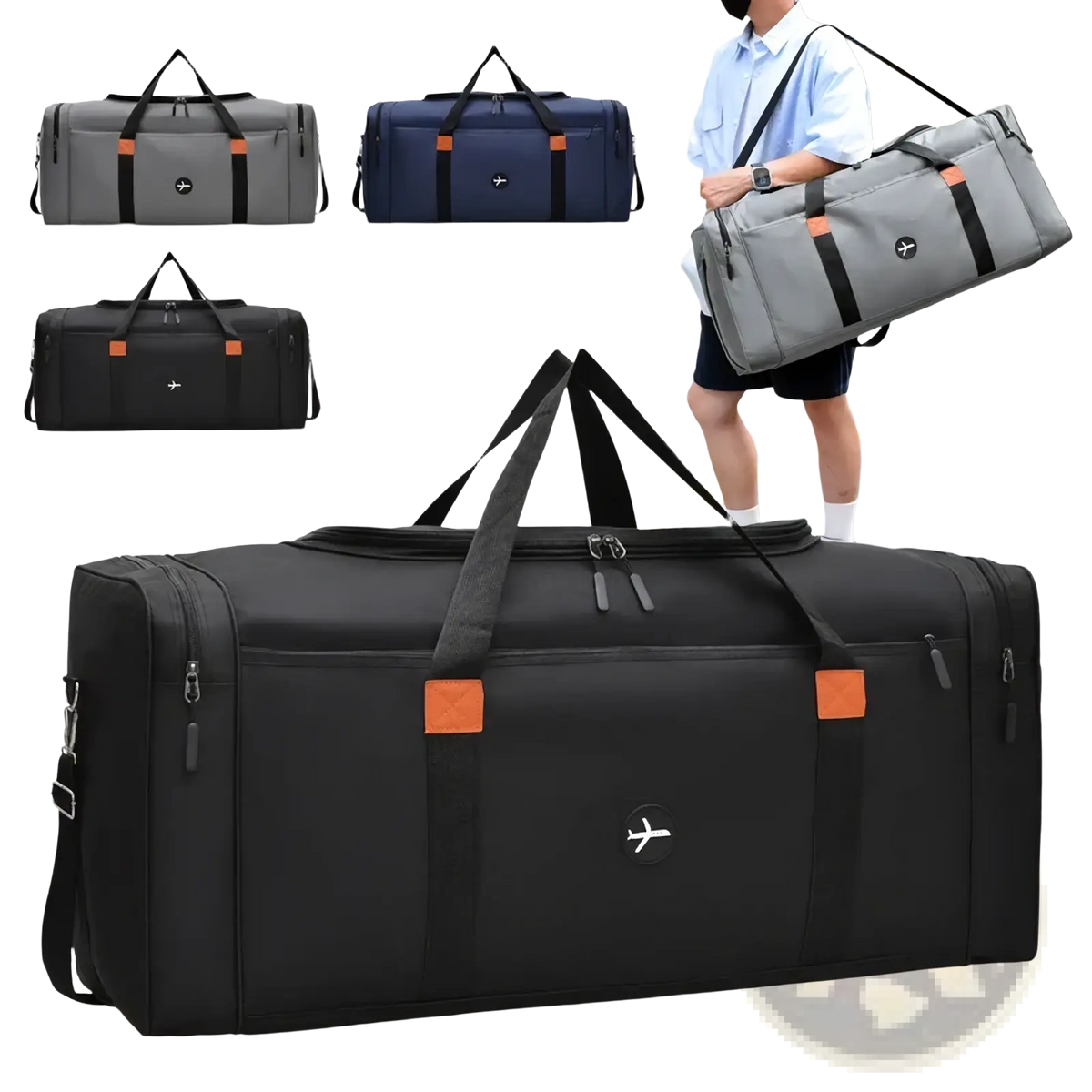 Black travel duffel bag with orange accent patches and white airplane logo for sports and crossbody use