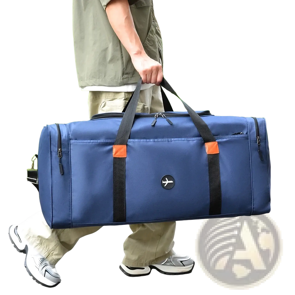 Travel duffel bag sports luggage crossbody in blue durable material with black straps and orange accent patches