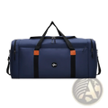 Navy blue travel duffel bag with black handles orange accent patches and circular logo for sports luggage crossbody use
