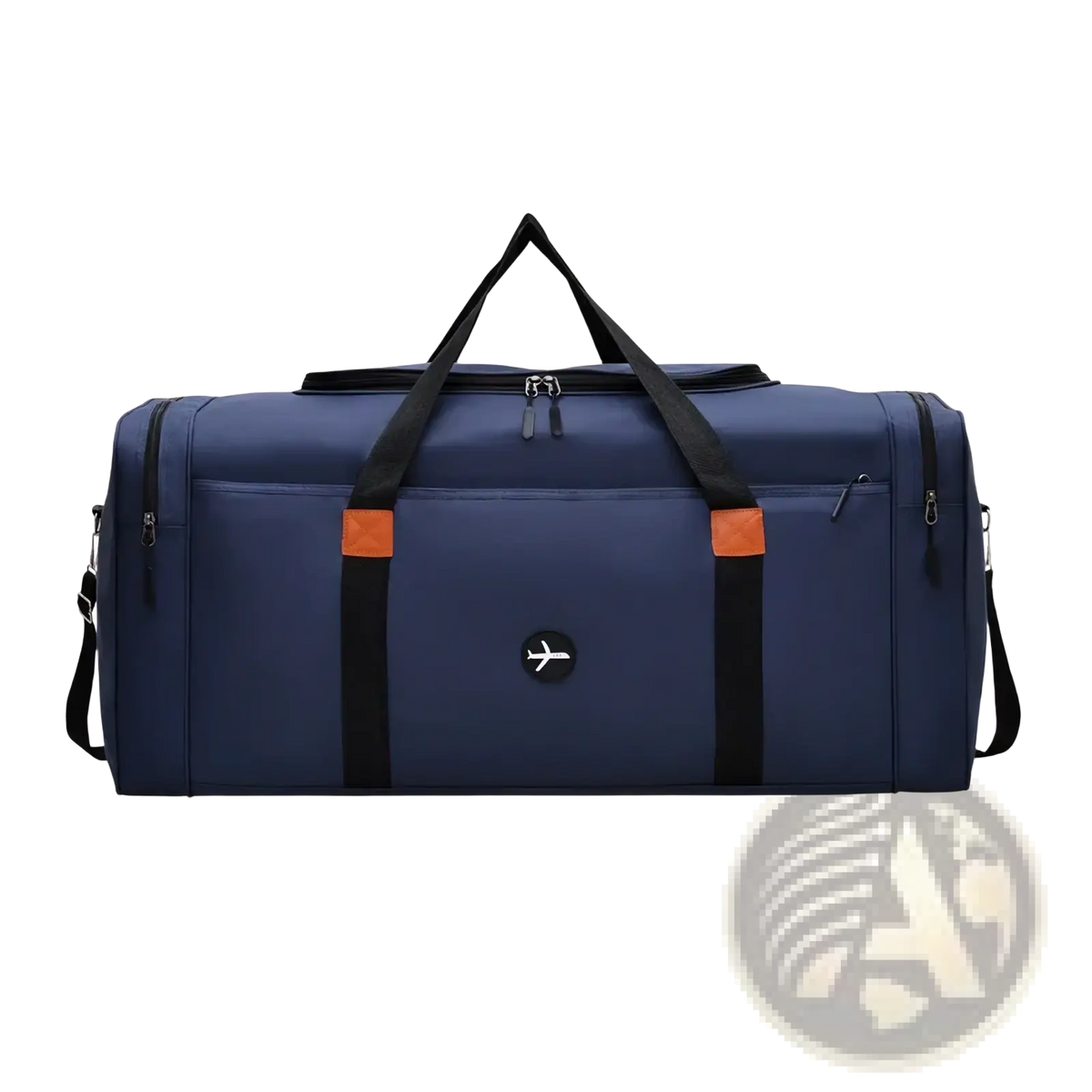 Navy blue travel duffel bag with black handles orange accent patches and circular logo for sports luggage crossbody use