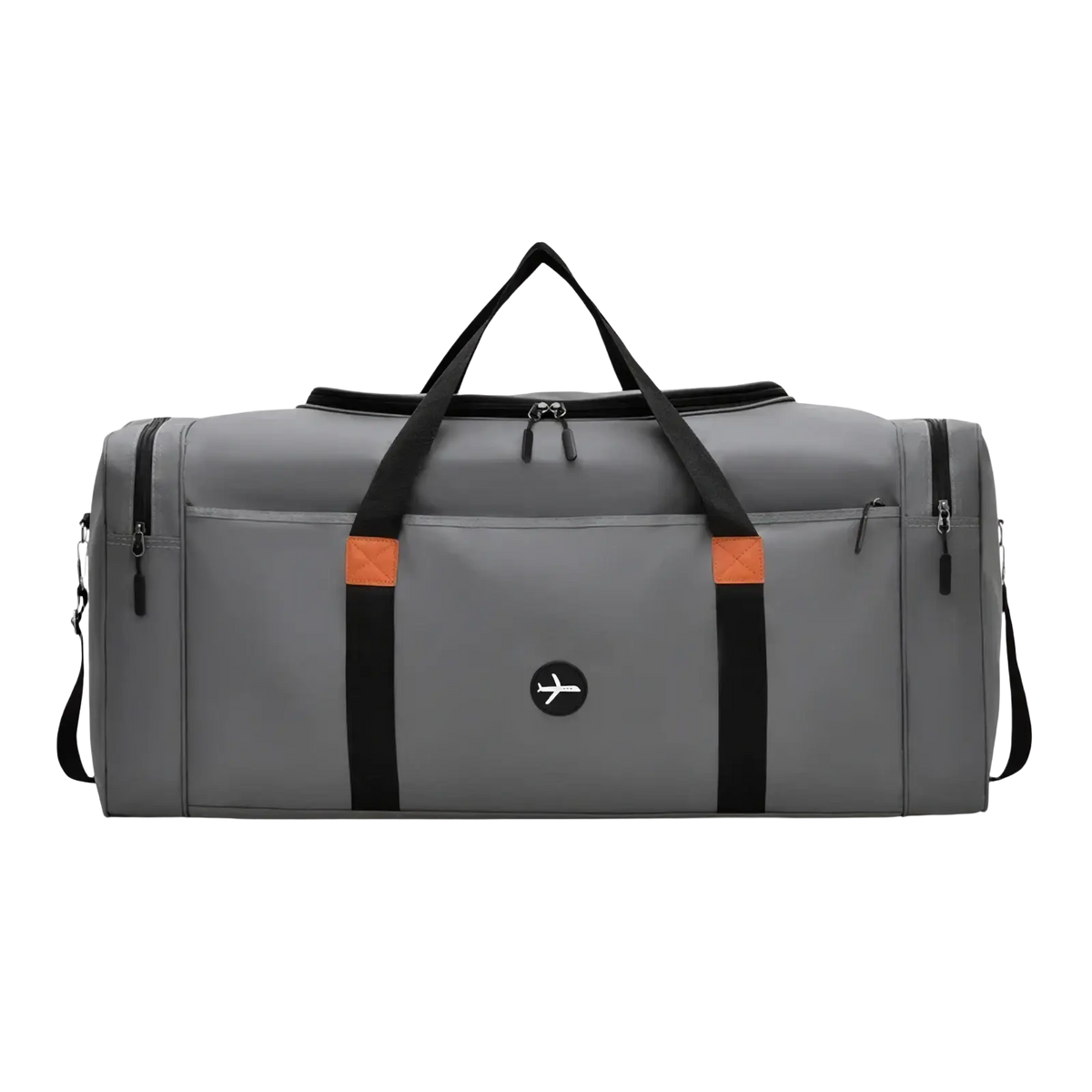 Gray duffel bag with black and orange accents featuring a circular airplane logo for travel and sports use
