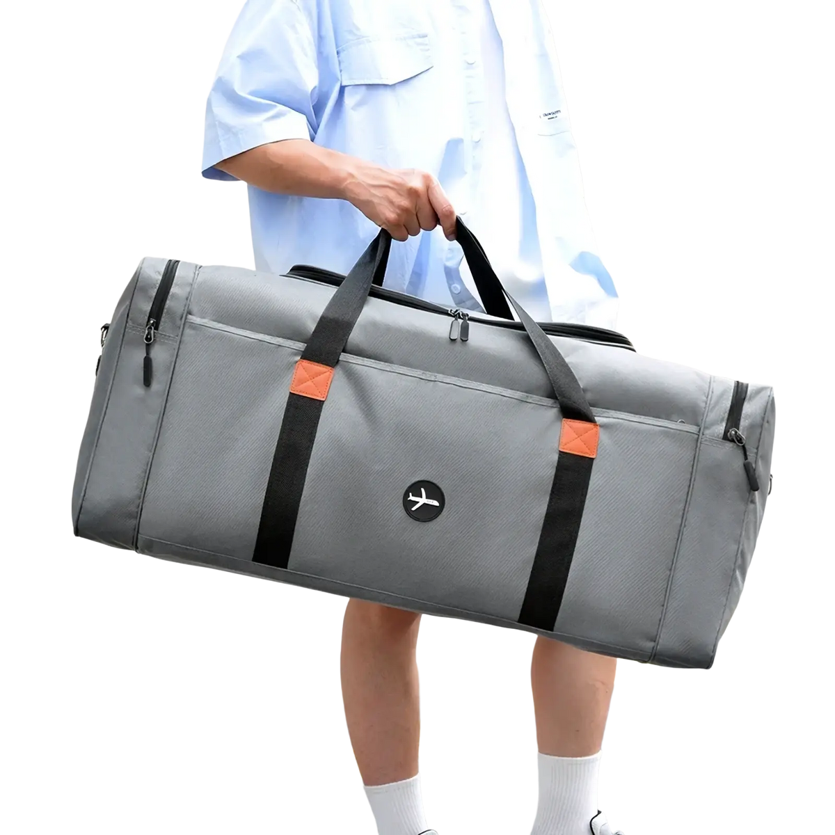 Gray travel duffel bag with black and orange accents featuring a circular airplane logo for sports luggage use