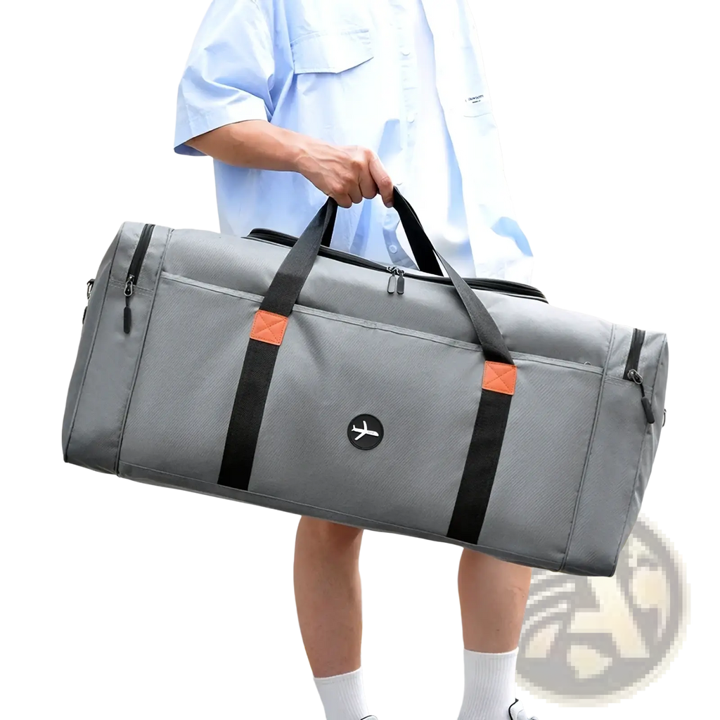 Gray travel duffel bag with black and orange accents featuring a circular airplane logo for sports luggage use