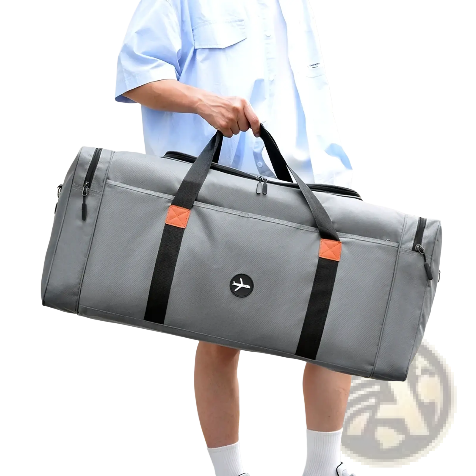 Gray travel duffel bag with black and orange accents featuring a circular airplane logo for sports luggage use