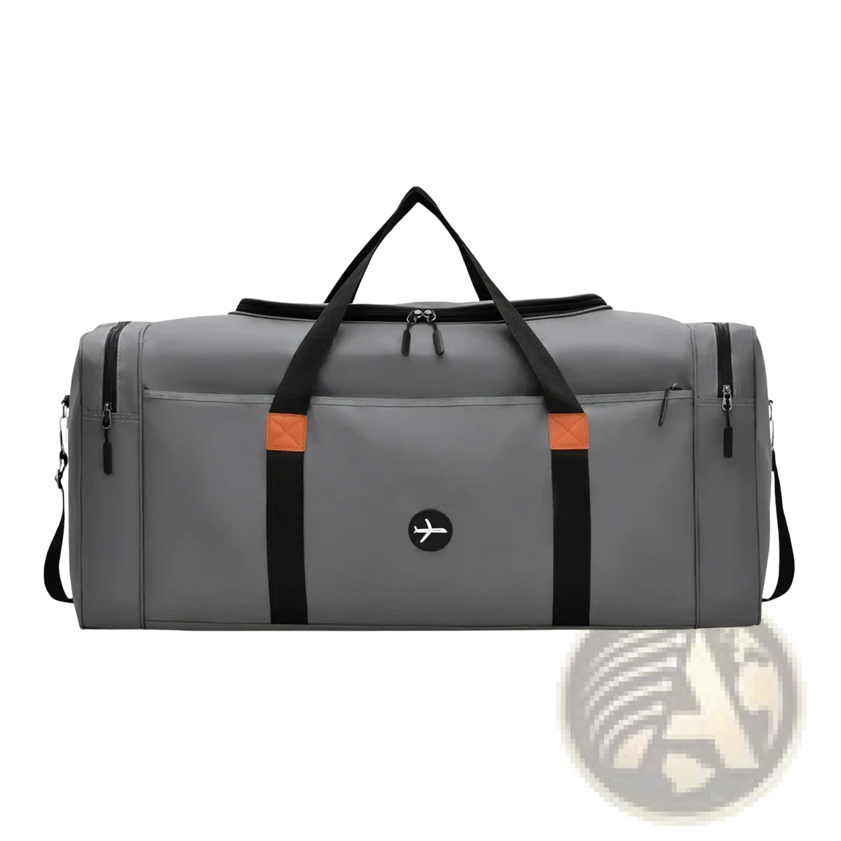 Gray duffel bag with black and orange accents featuring a circular airplane logo for travel and sports use