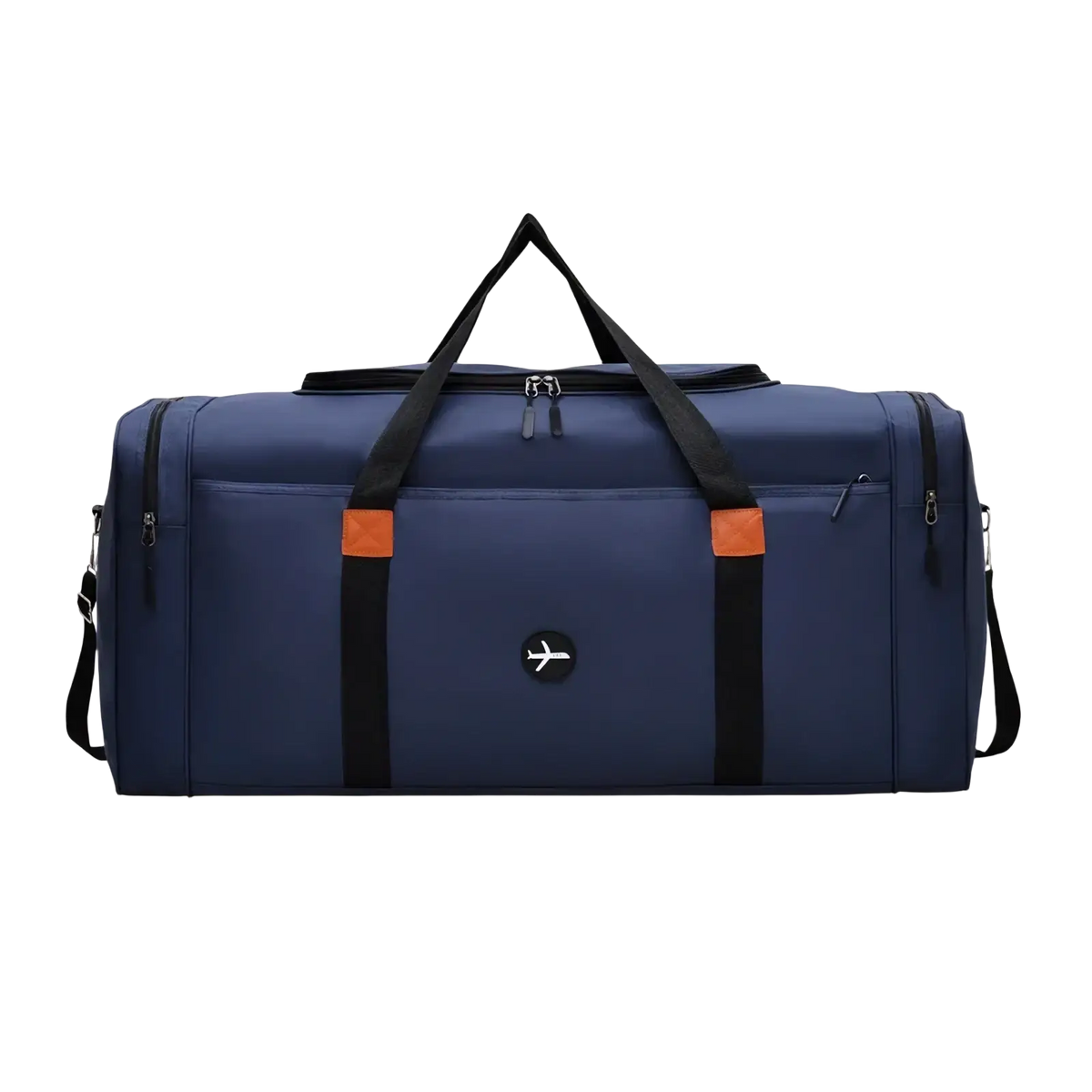 Navy blue travel duffel bag with black handles orange accent patches and circular logo for sports luggage crossbody use