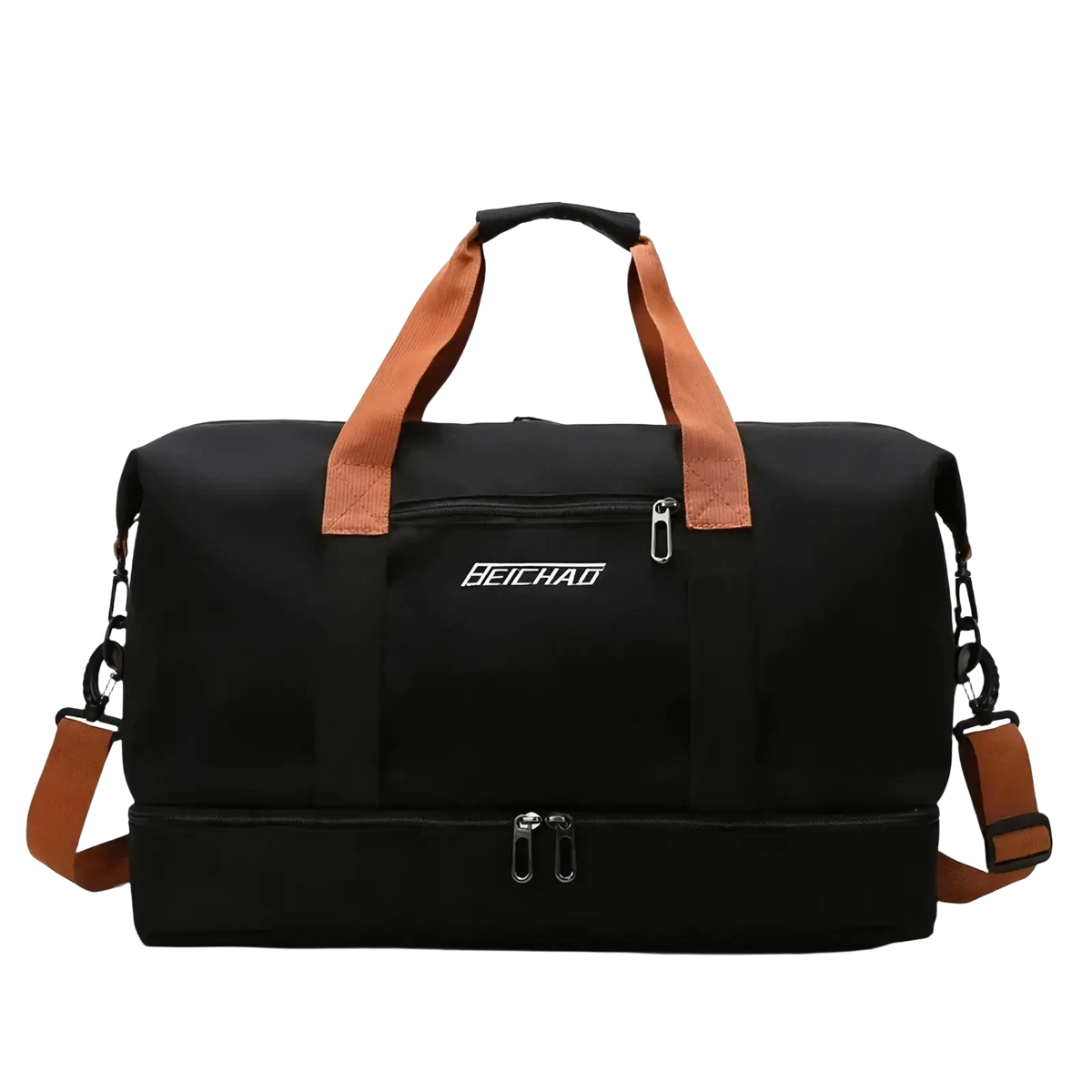 Black beichad waterproof travel duffel bag with tan fabric handles and two-compartment design for gym and fitness