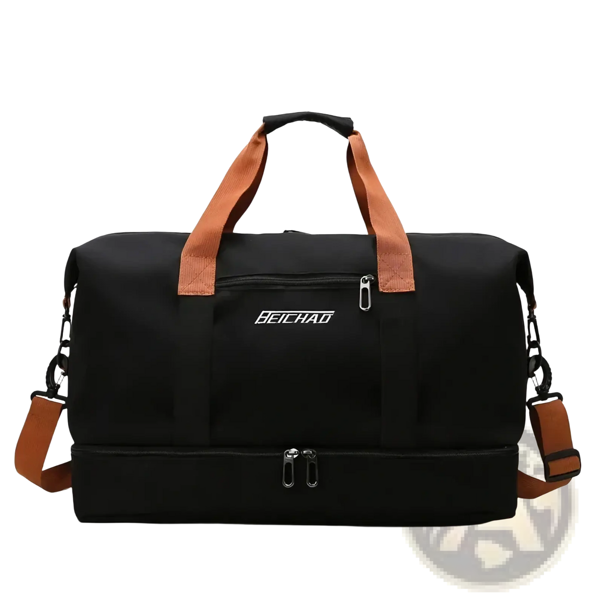 Black beichad waterproof travel duffel bag with tan fabric handles and two-compartment design for gym and fitness