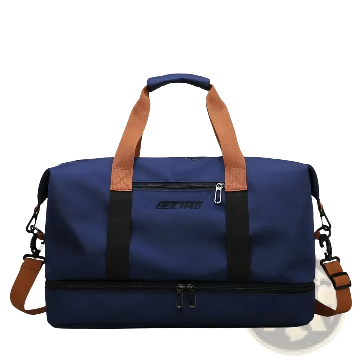 Navy blue Reichao travel duffel bag with tan leather handles and accents waterproof for fitness gym luggage use