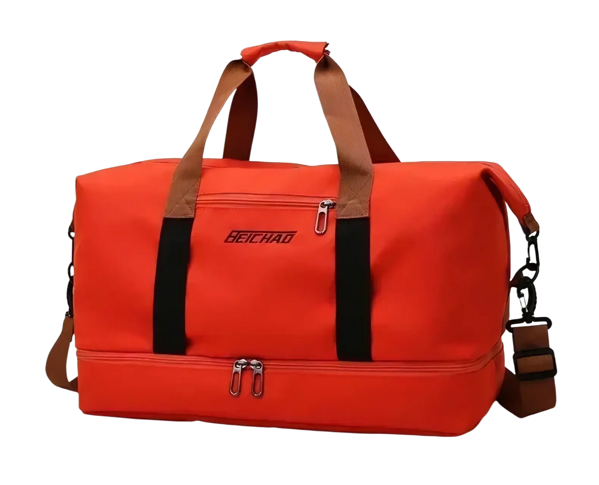 Bright orange Heichao duffel bag with brown and black accents waterproof for fitness gym and travel use