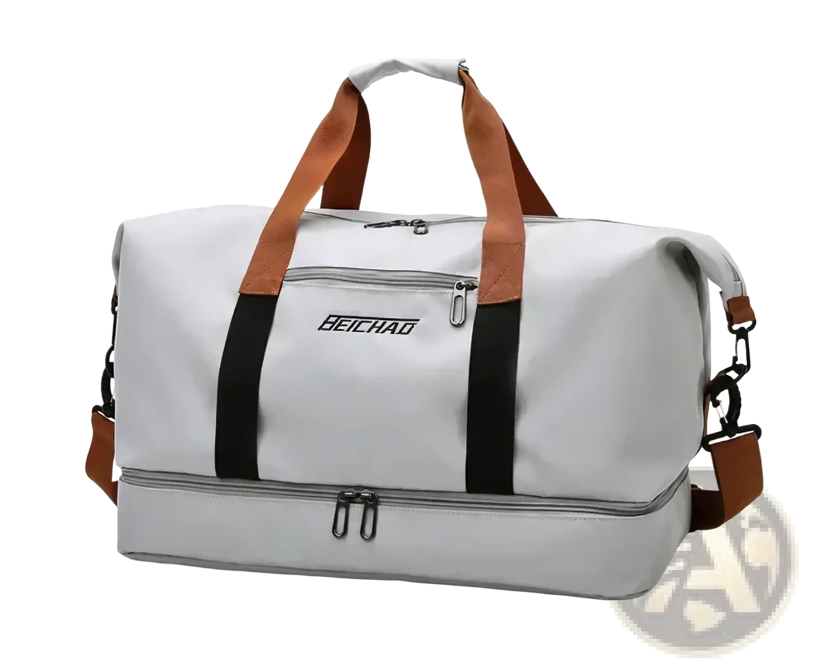 Light grey beichao waterproof travel duffel bag with brown and black accents for fitness gym luggage use