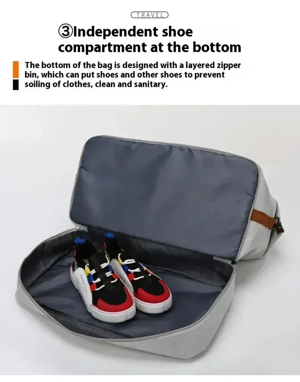 Gray travel duffel bag with waterproof material and layered zipper bin for organized storage and gym fitness use