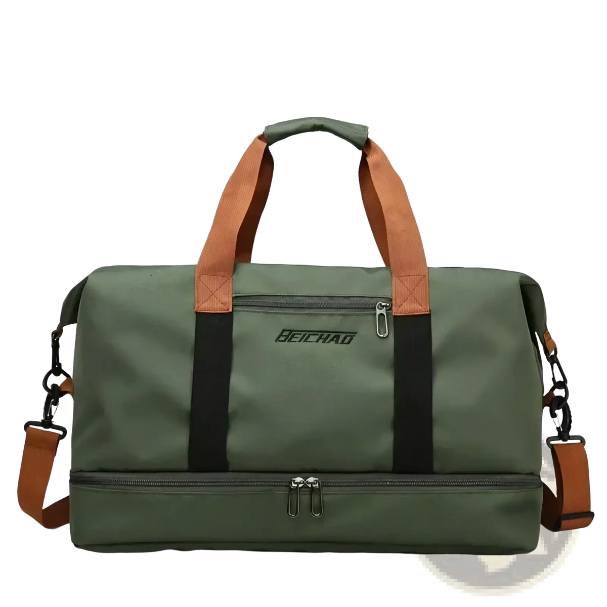 Olive green travel duffel bag with tan and black accents featuring durable fabric and leather handles for gym and luggage use