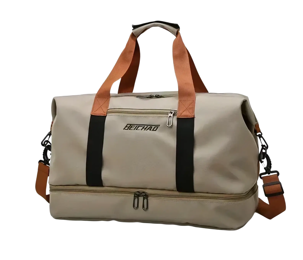 Khaki beichao travel duffel bag with brown leather straps black accents waterproof fitness gym luggage