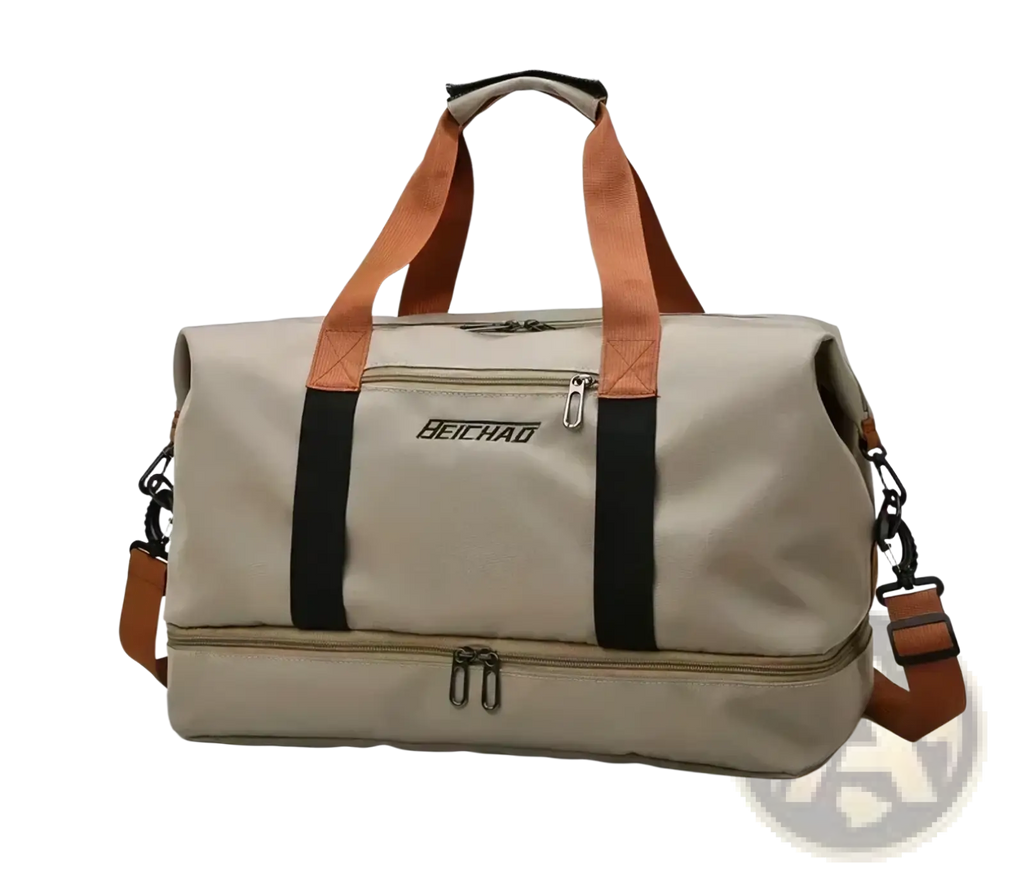 Khaki beichao travel duffel bag with brown leather straps black accents waterproof fitness gym luggage