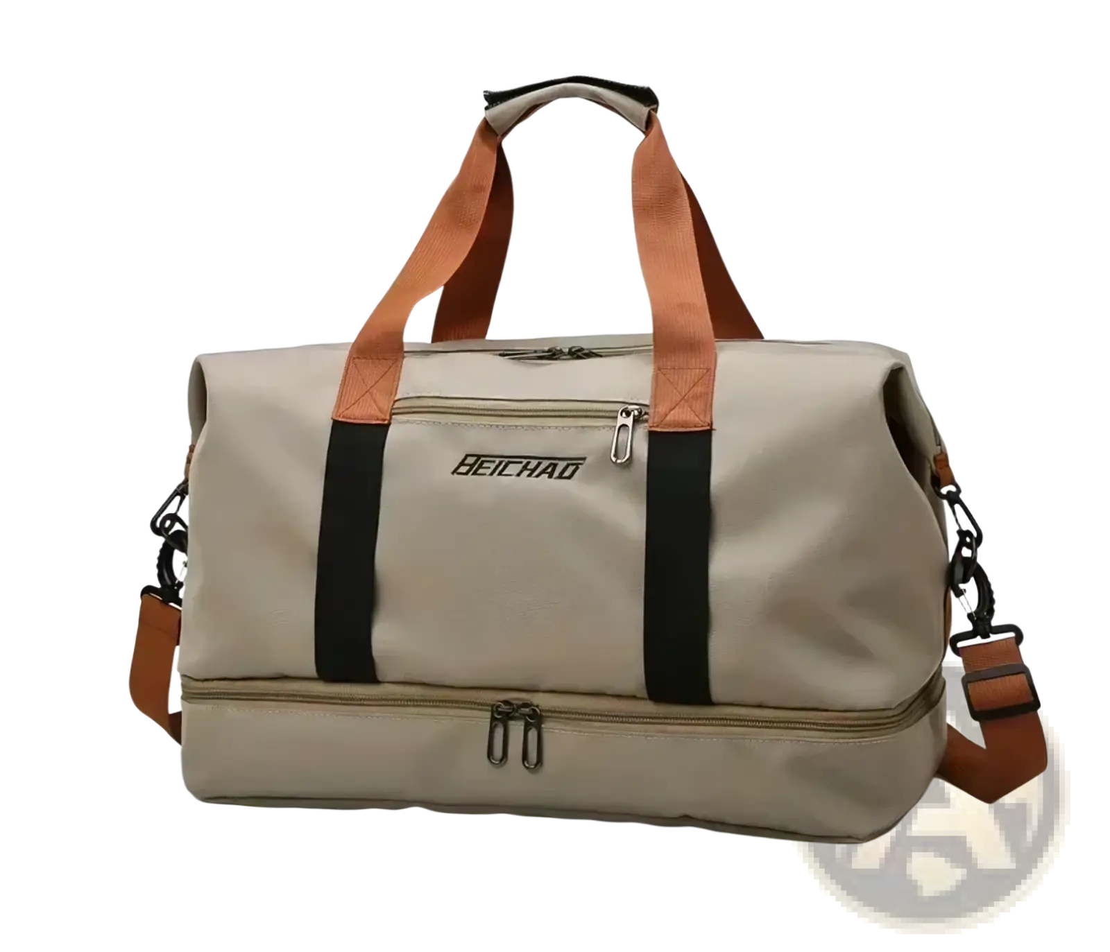 Khaki beichao travel duffel bag with brown leather straps black accents waterproof fitness gym luggage