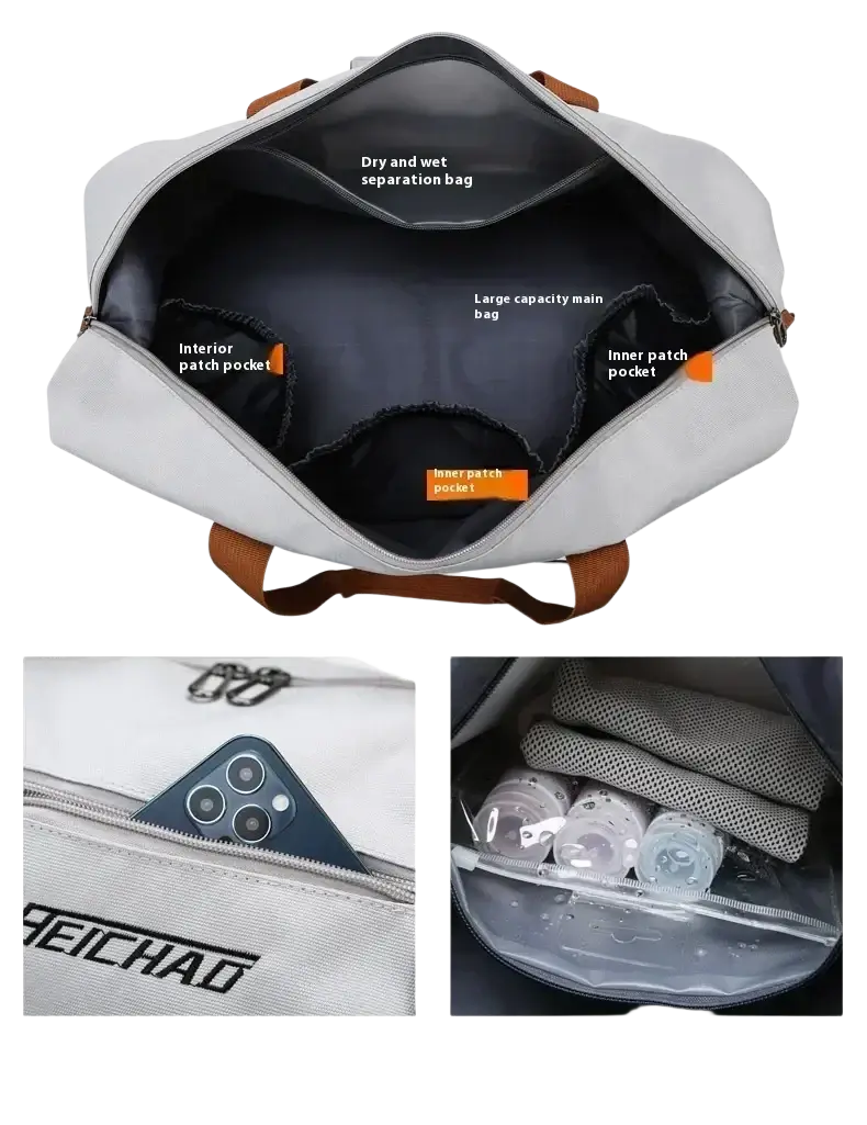 Light gray waterproof travel duffel bag with brown leather handles and dry and wet separation compartments