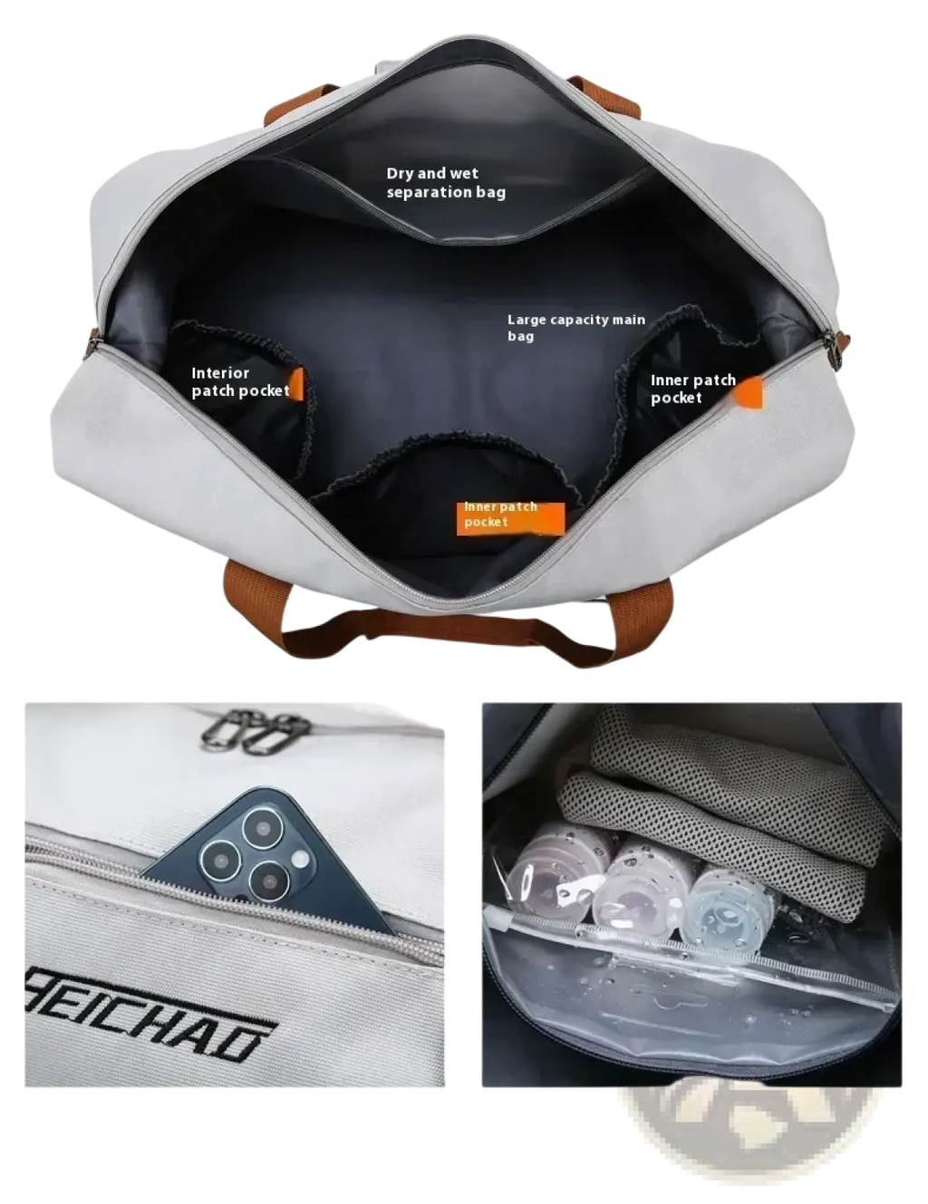 Light gray waterproof travel duffel bag with brown leather handles and dry and wet separation compartments