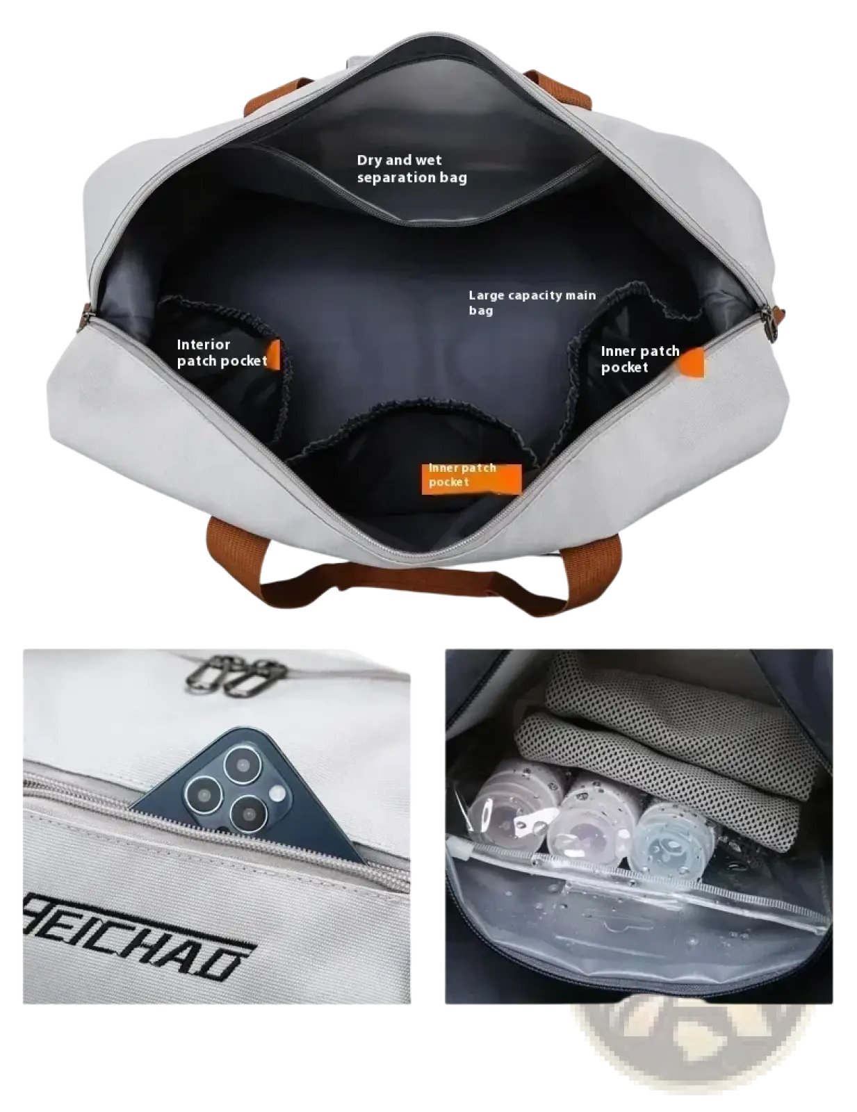 Light gray waterproof travel duffel bag with brown leather handles and dry and wet separation compartments